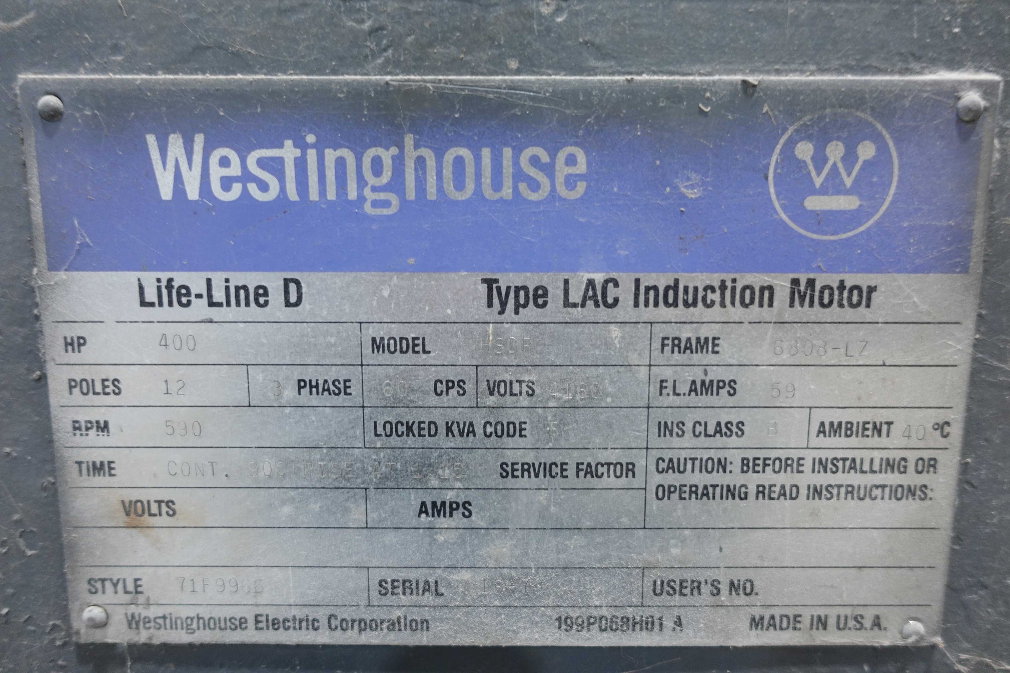 WESTINGHOUSE HSDP DUAL SHAFT INDUCTION MOTOR, 400 HP, 3 PH, 590 RPM, 4160V, FR. 6808-LZ, 12 POLE - ELECTRIC MOTORS
