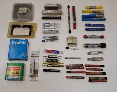 ASSORTED TOOLING SET - 42 PIECE MIX OF TAPS, DIES, DRILLS, AND END MILLS - MACHINE TOOLING