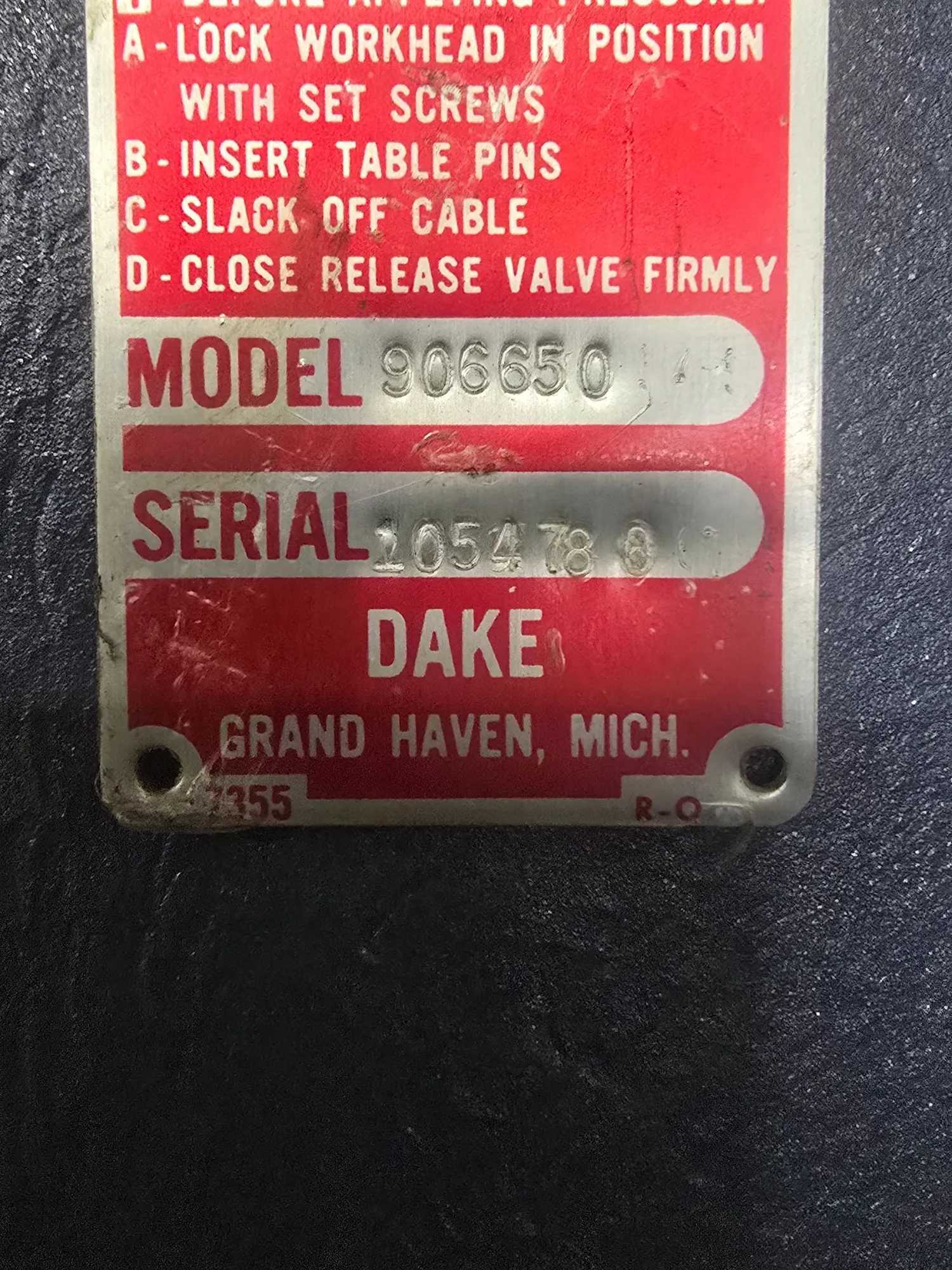 2007 DAKE 6-650 H-FRAME SHOP PRESS 150T, 16" RAM TRAVEL, 48" UPRIGHT W, 90-125 PSI - HYDRAULIC PRESSES