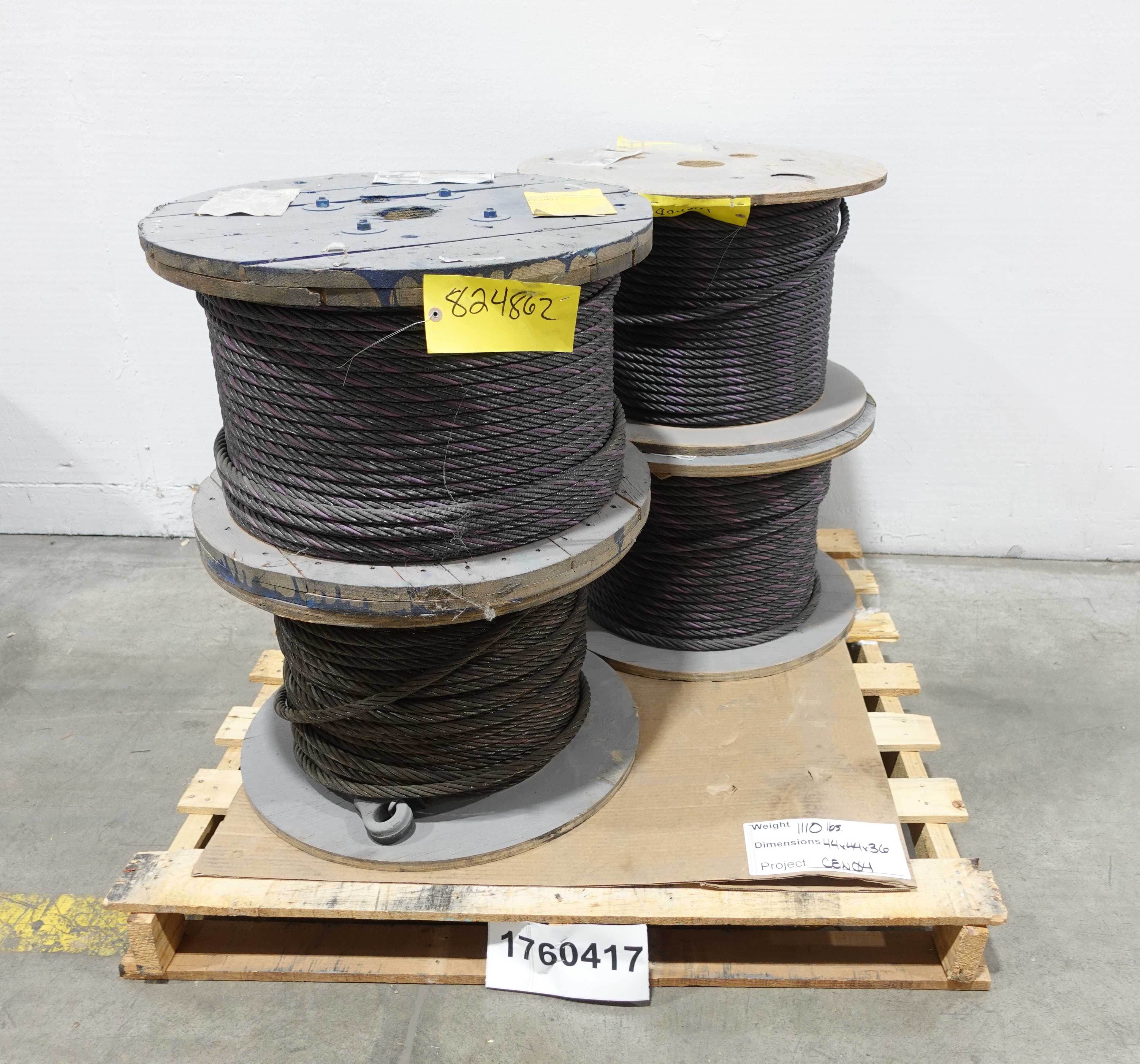 SKU 1760417 - LOT OF 4 ASSORTED SPOOLS OF WIRE ROPE, 5/8", 9/16" - LIFTING EQUIPMENT