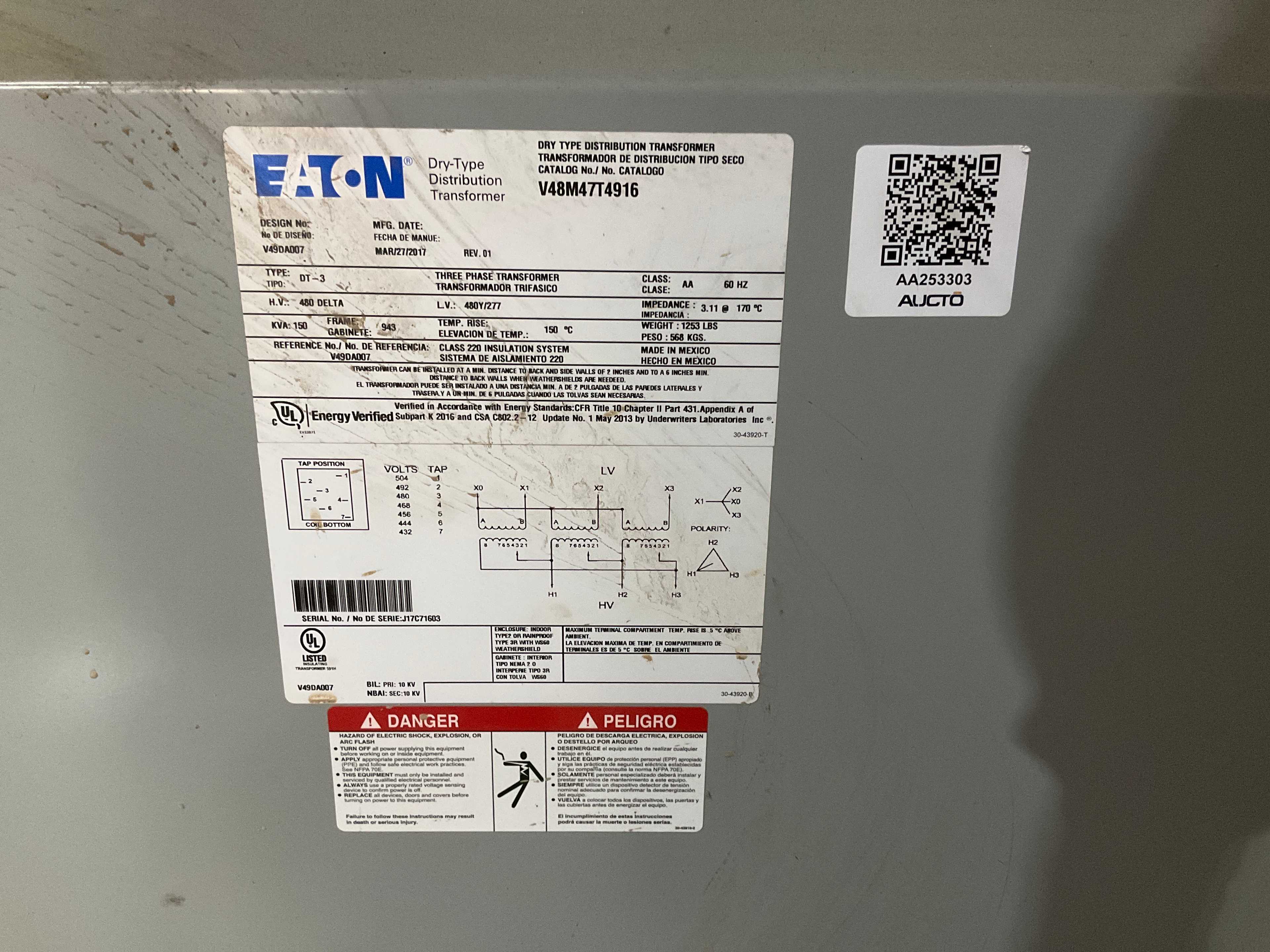 EATON V48M28T37CUEE DRY POWER DISTRIBUTION TRANSFORMER - DRY POWER DISTRIBUTION TRANSFORMER