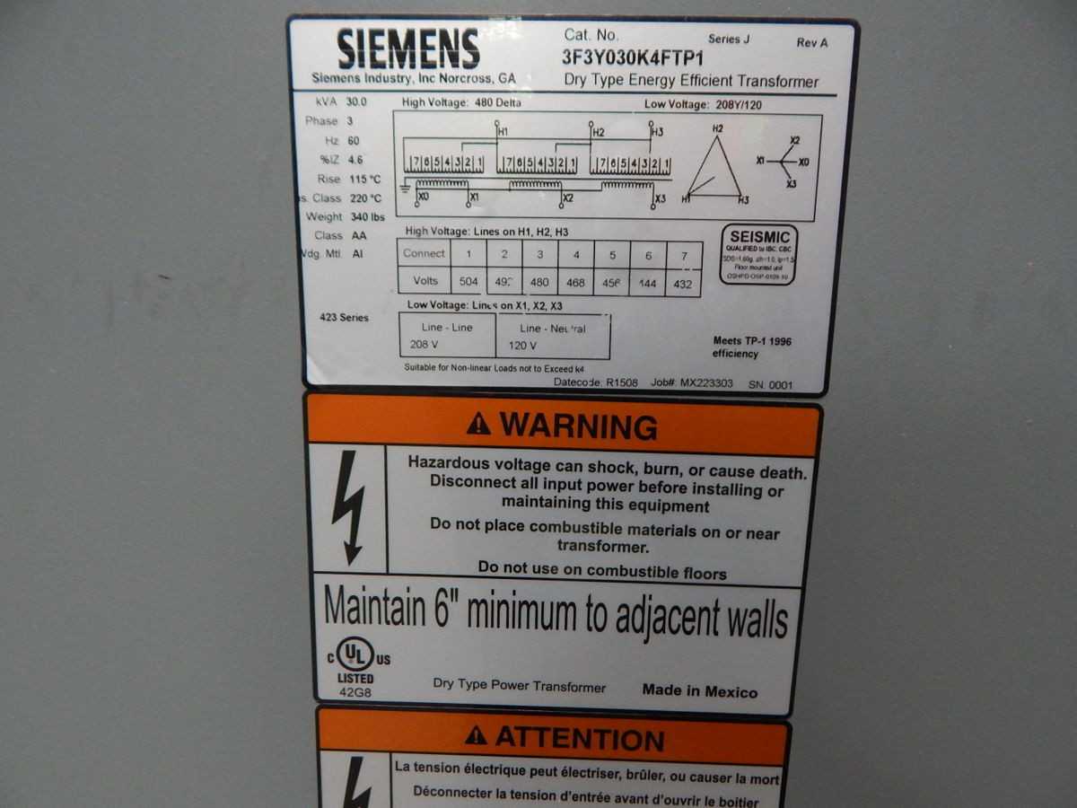 SIEMENS 3F3Y030K4FTP1 DRY-TYPE TRANSFORMER, 30 KVA, 480V PRI, 208Y/120V SEC, 3-PH - DRY TRANSFORMERS