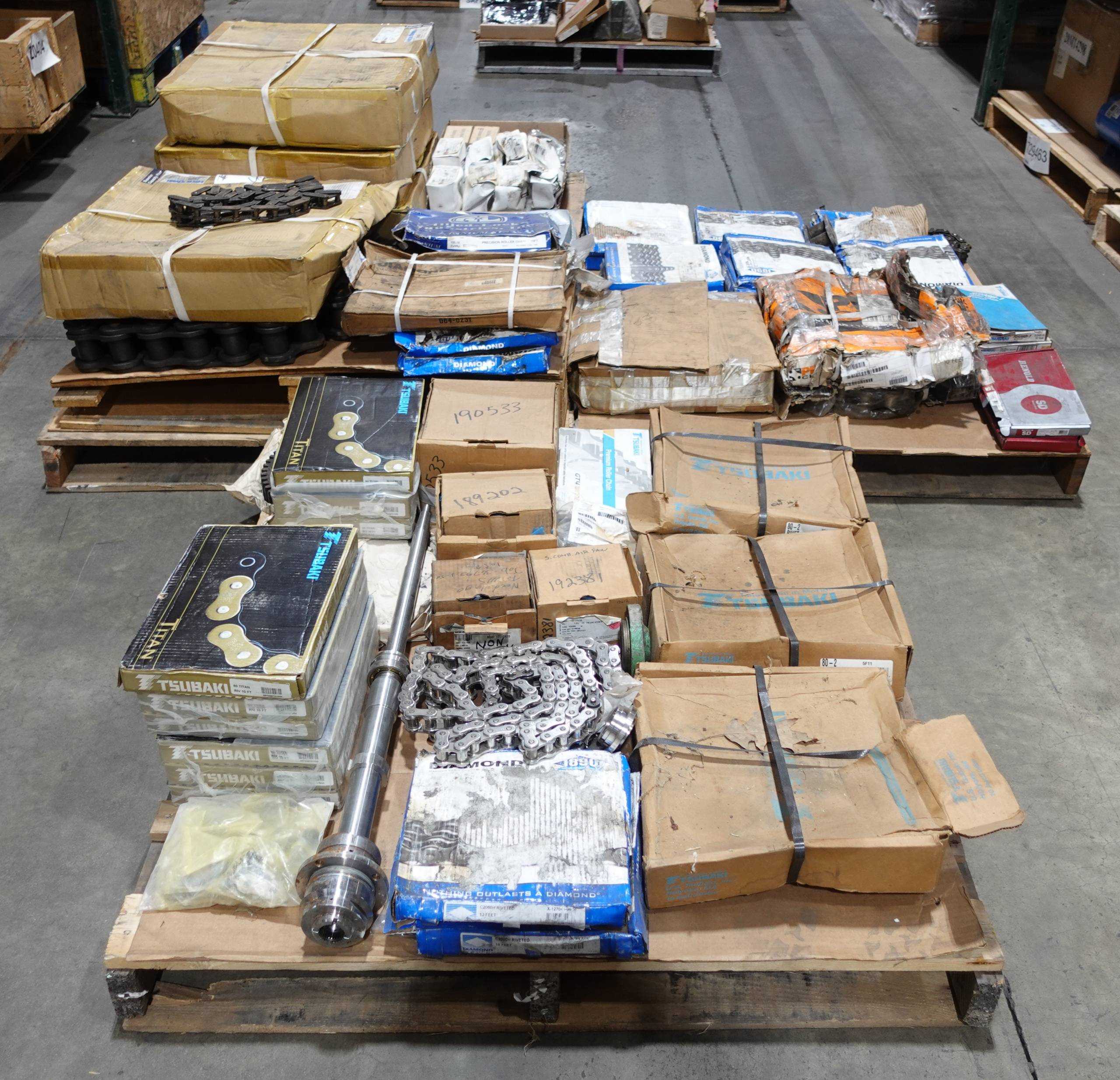 3 PALLETS OF ASSORTED ROLLER CHAINS, TSUBAKI, HHK, ALLIED-LOCKE, RENOLD DIAMOND - ROLLER CHAIN