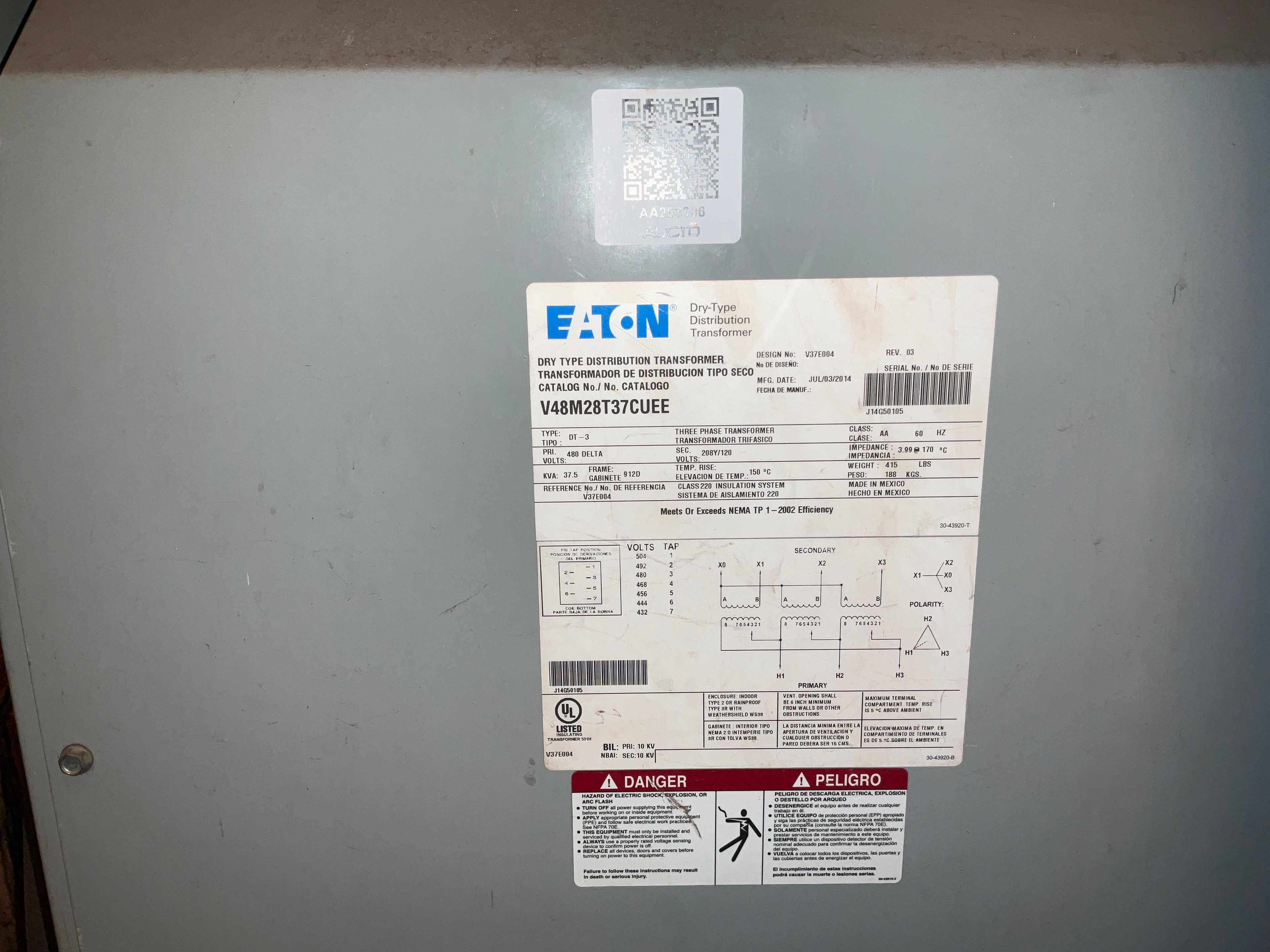 EATON V48M28T37CUEE DRY POWER DISTRIBUTION TRANSFORMER - DRY POWER DISTRIBUTION TRANSFORMER