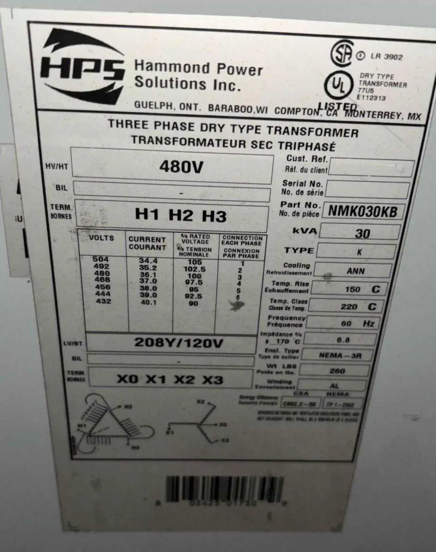 HAMMOND POWER SOLUTIONS NMK030KB TRANSFORMER, 30 KVA, 480V/208Y, 3-PHASE, NEMA 3R, 60HZ - POWER TRANSFORMERS