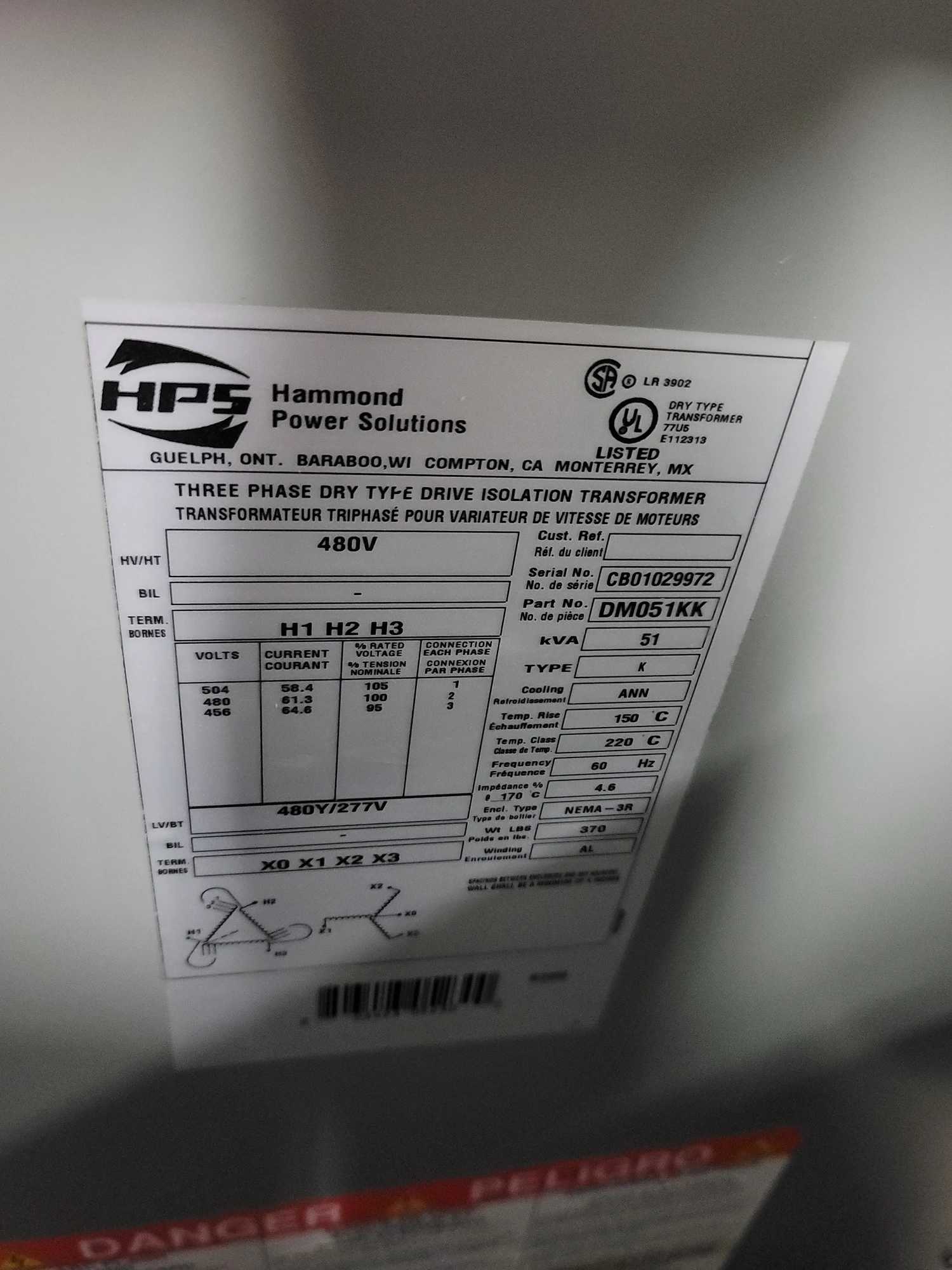 HAMMOND POWER SOLUTIONS DM051KK DRIVE ISOLATION TRANSFORMER, 51KVA, 480D PRI/480Y SEC - DRY TRANSFORMERS
