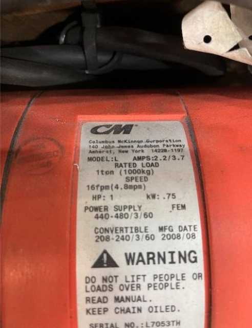 2008 CM L 1 TON ELECTRIC CHAIN HOIST - ELECTRIC HOISTS