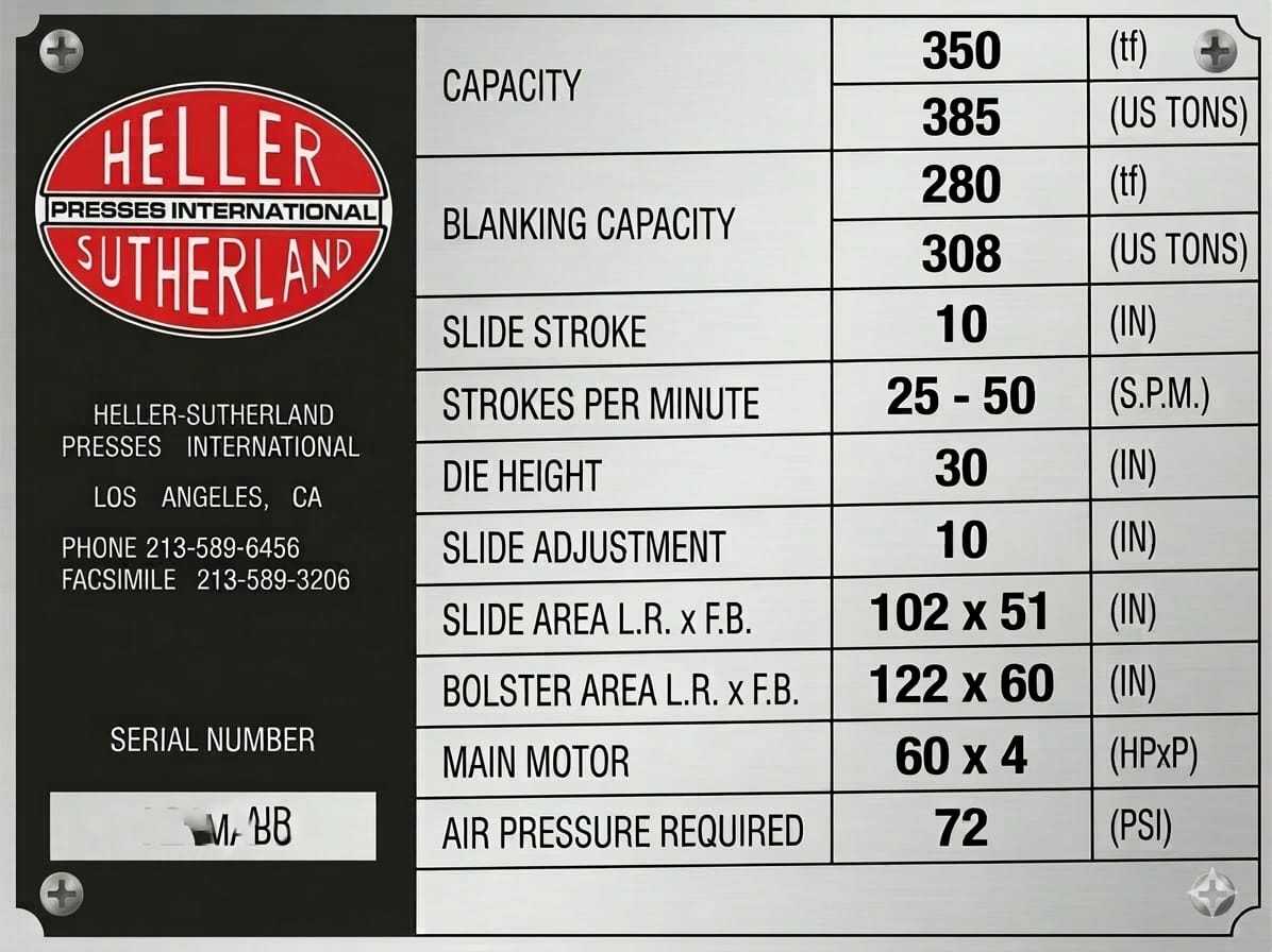 HELLER-SUTHERLAND S016 280-TON MECHANICAL PRESS, 10" STROKE, 30" DIE HEIGHT, 122X60 BOLSTER - MECHANICAL PRESSES