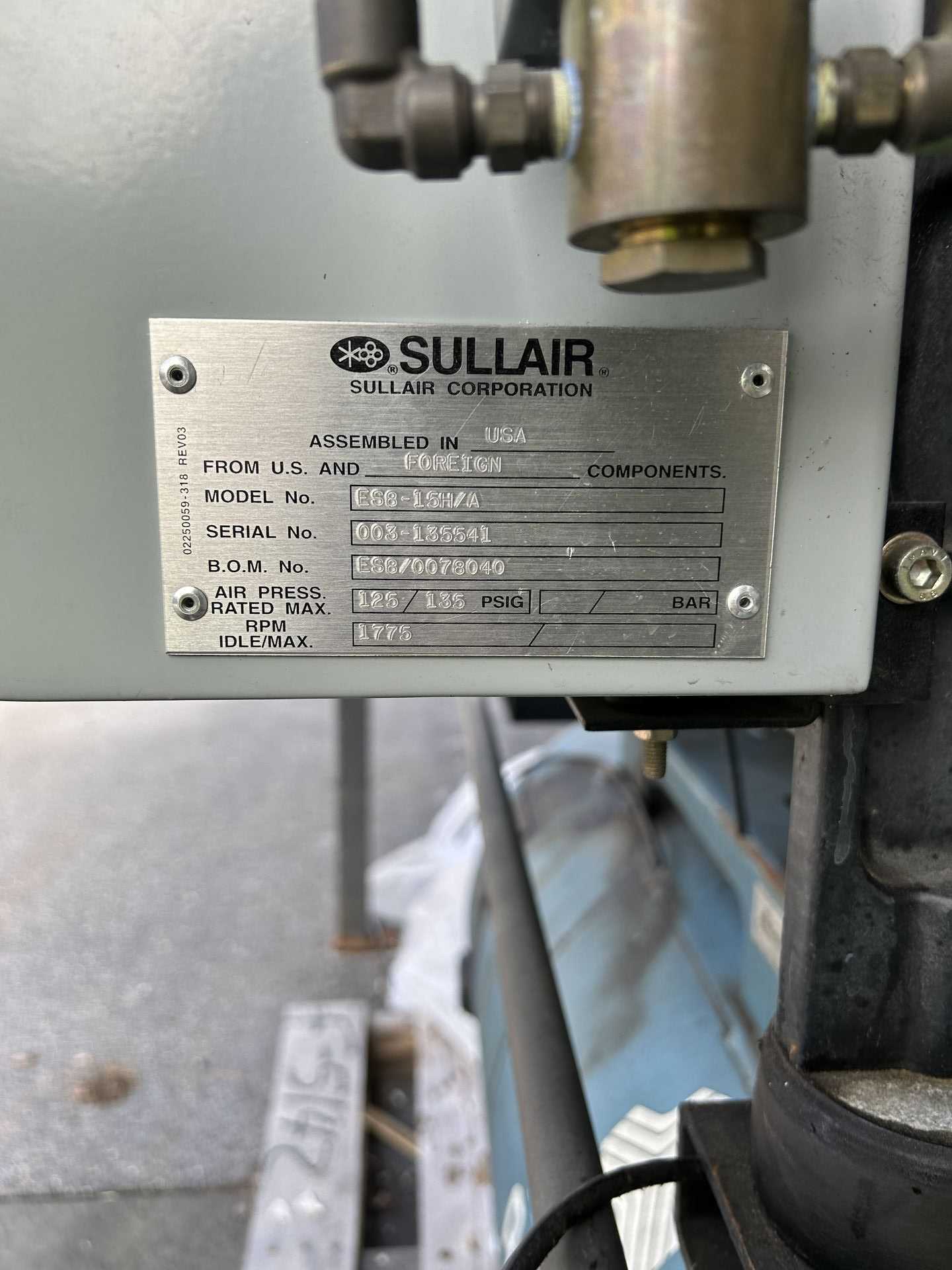 1993 SULLAIR ES8-15H/A STATIONARY AIR COMPRESSOR - STATIONARY AIR COMPRESSOR