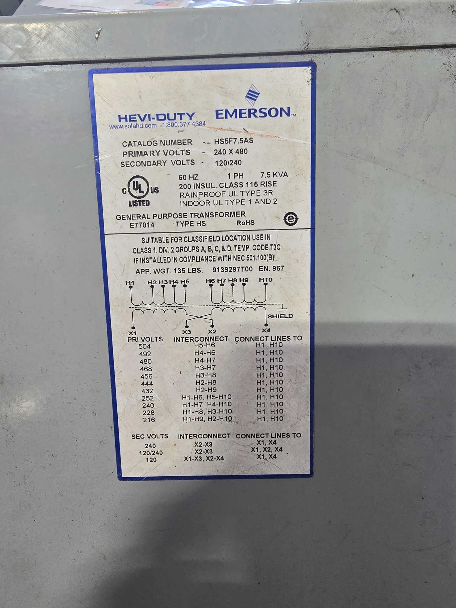SOLA-HD EMERSON HS5F7.5AS 7.5KVA TRANSFORMER, 240/480V PRIMARY, NEMA 3R ENCLOSURE - MACHINE TOOLING