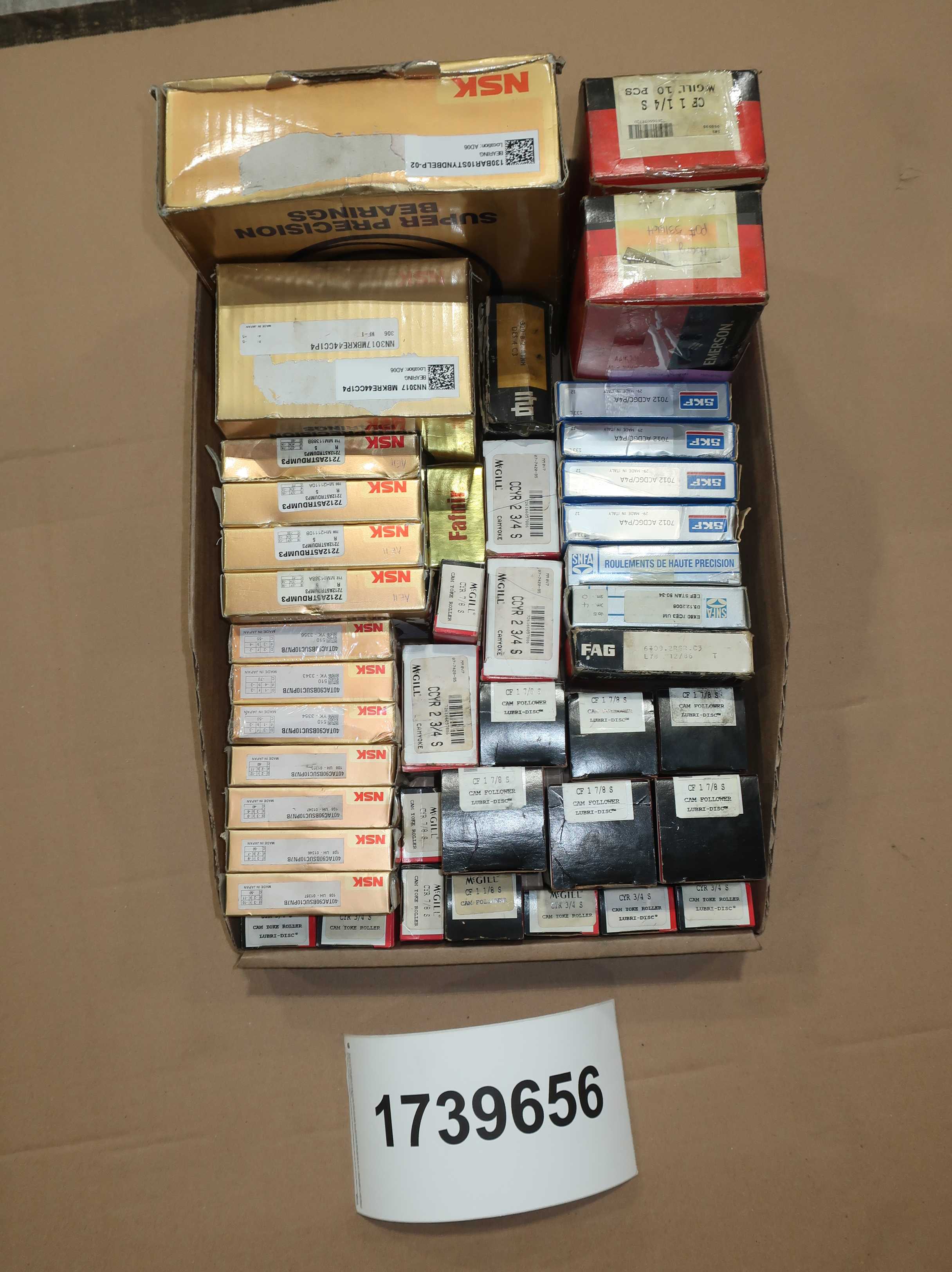 SKU 1739656 - TOTE OF ASSORTED PRECISION BEARINGS, NSK, MCGILL, SKF, FAFNIR, SNFA, FAG, RHP - BEARINGS
