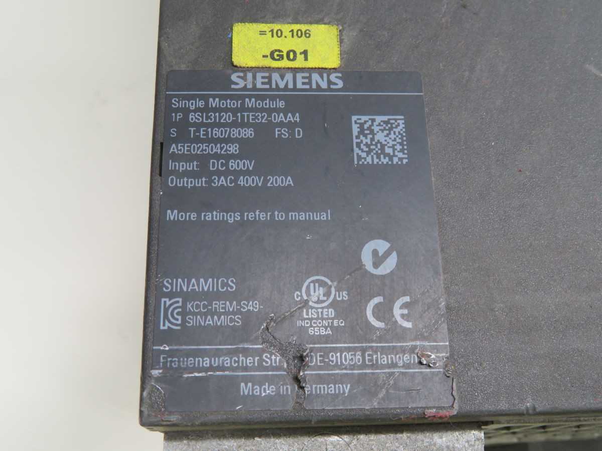 SIEMENS 6SL3120-1TE32-0AA4 CONTROLS FOR MOTORS, 600 VDC IN, 400 VAC/200 A OUT, 132 KW PWR - MOTOR DRIVES