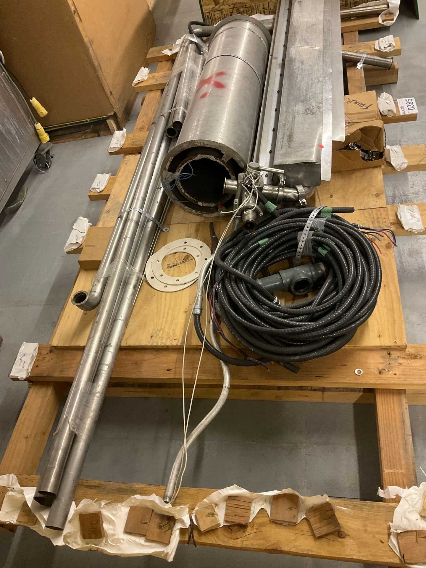 Pallet of Assorted Pipes, Electrical Cord and Sanitary Tri-clamps - INDUSTRIAL PARTS