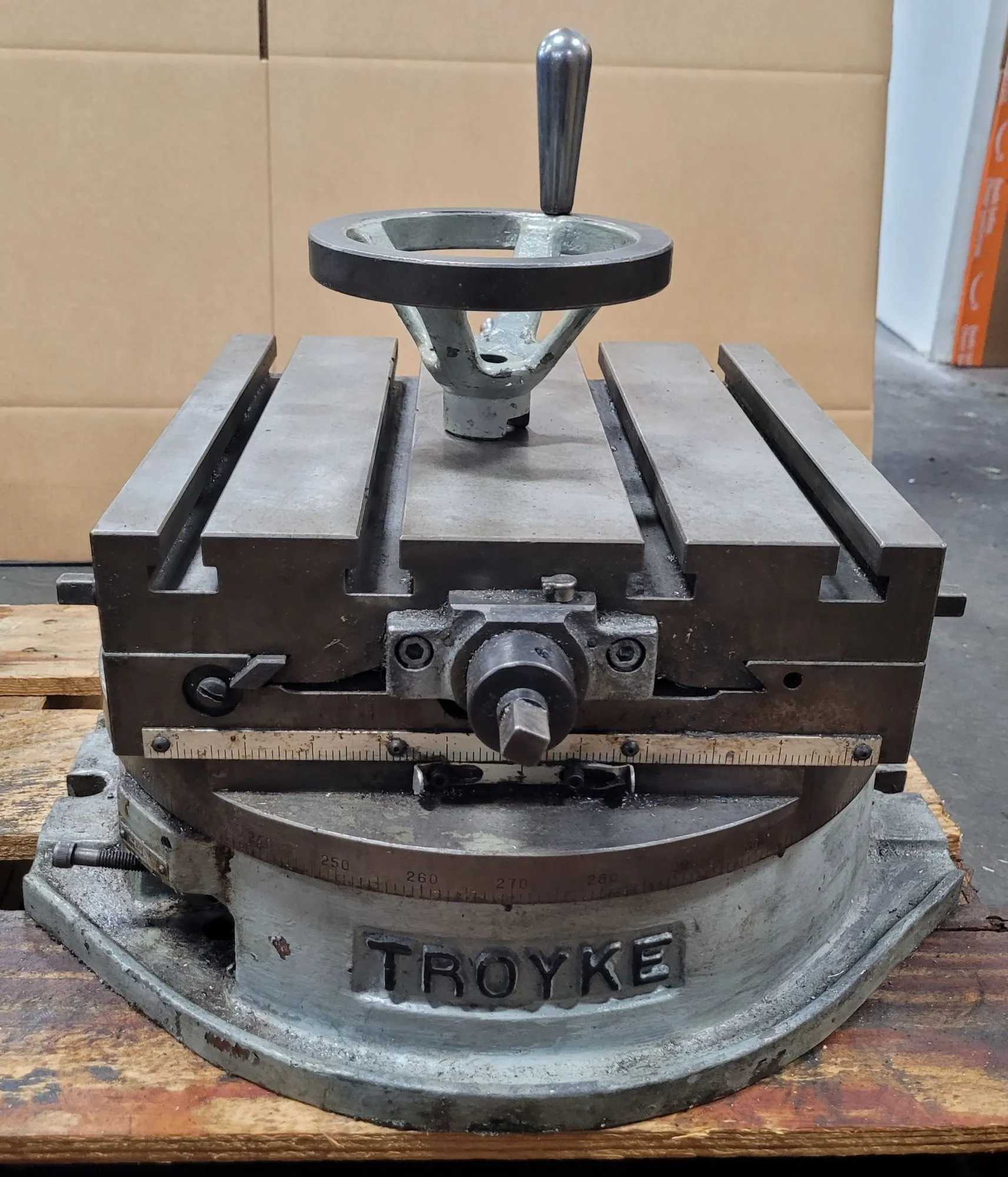 TROYKE DMT-15 CROSS SLIDE ROTARY TABLE, 12" X 12" MANUAL 360-DEGREE ROTATION - ROTARY TABLES