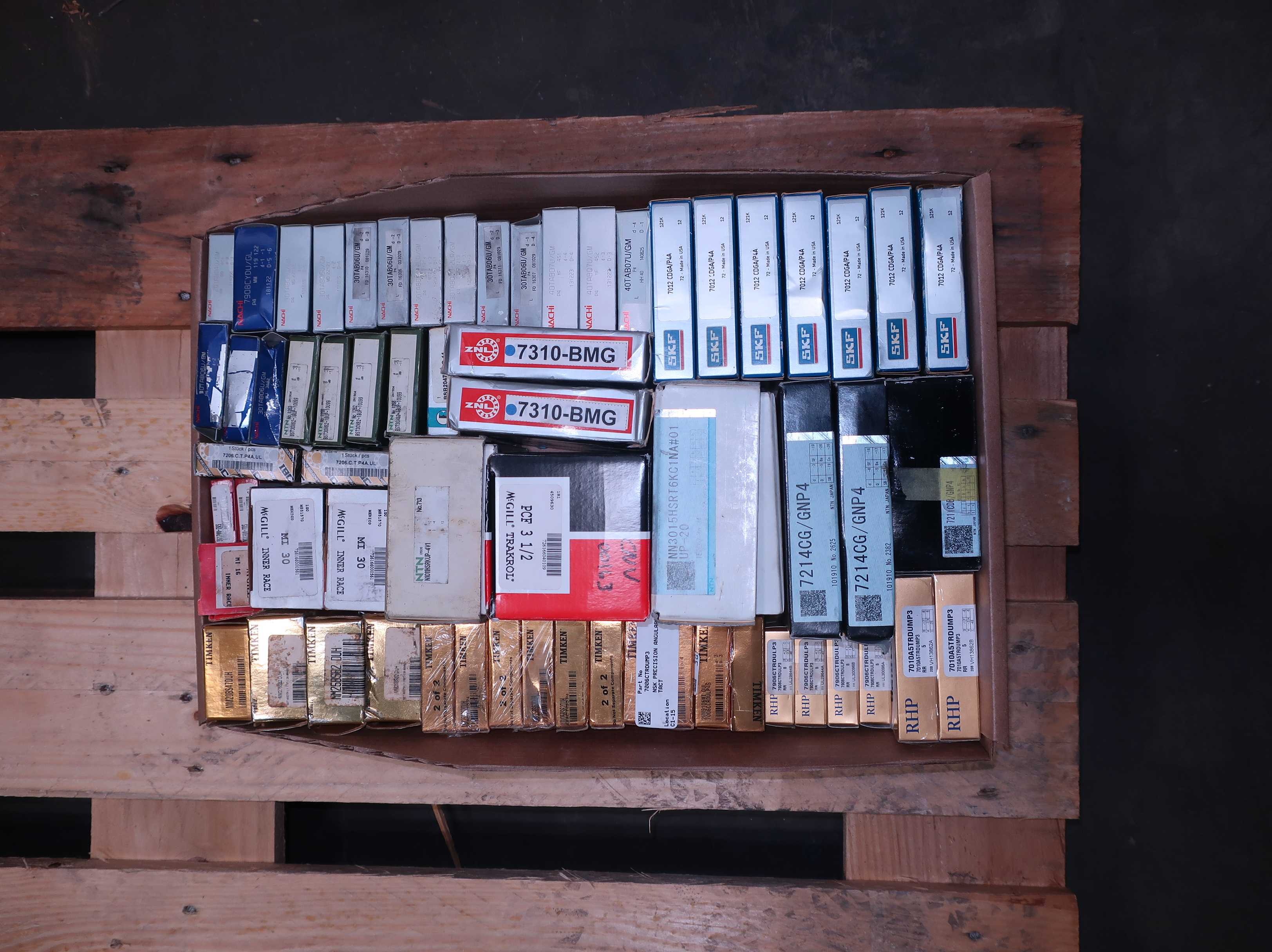 SKU 1728035 - TOTE OF ASSORTED PRECISION BEARINGS, TIMKEN, SKF, RHP, MCGILL, NACHI, ZNL, NTN, IBC - BEARINGS