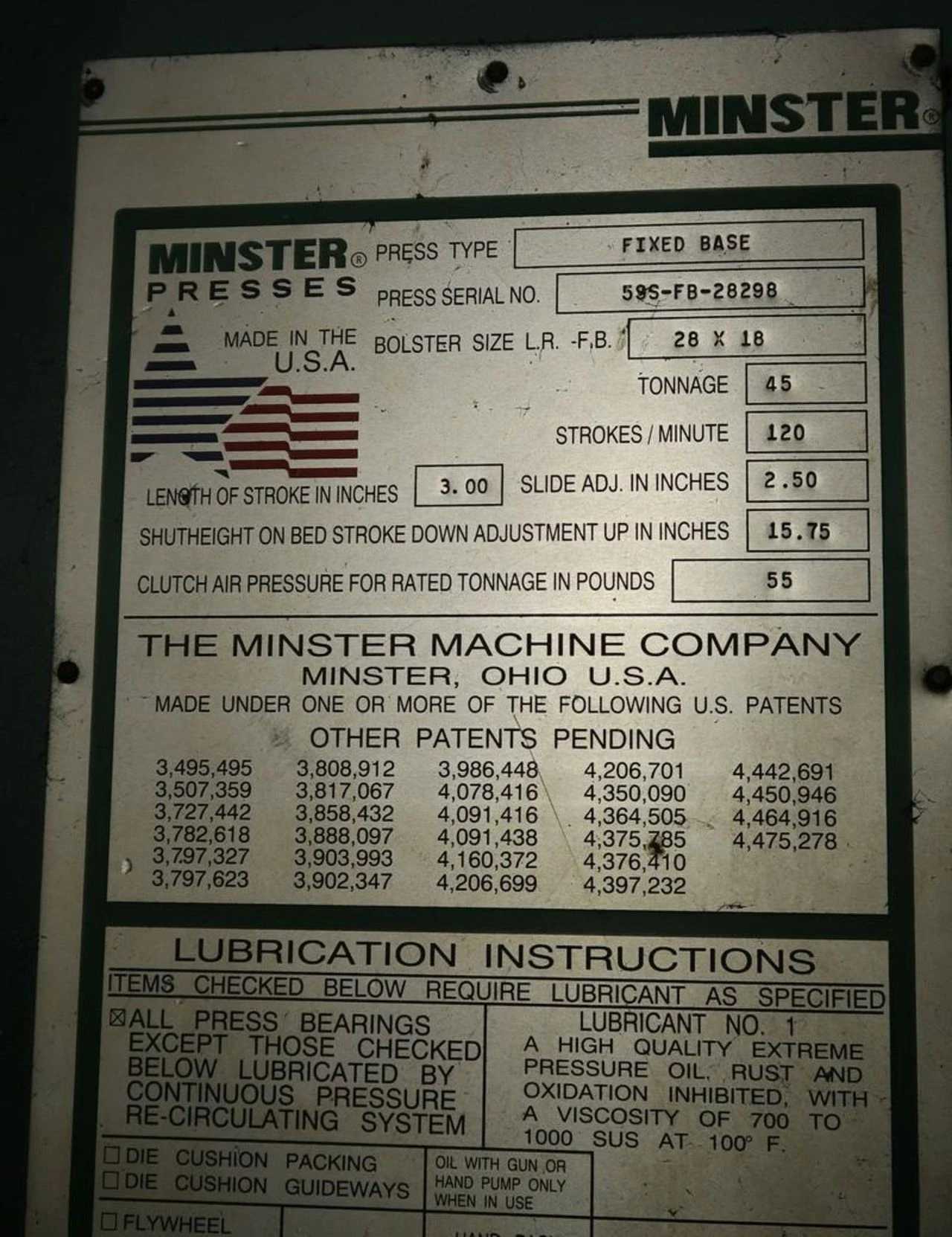 1994 MINSTER 59S GAP-FRAME PRESS, 45T, 120 SPM, 3" STROKE, 15.75" SH, 28"X18" BED - MECHANICAL STAMPING PRESSES