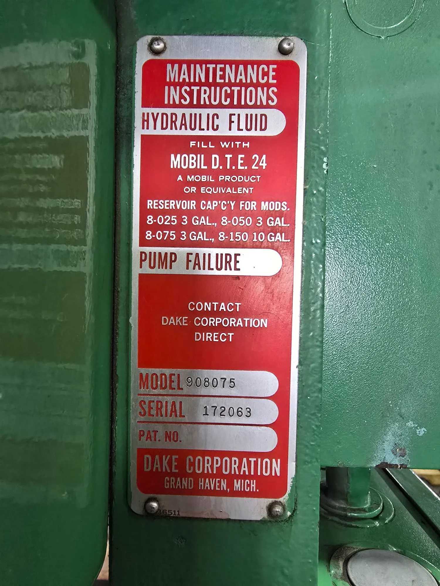 DAKE 908075 H-FRAME PRESS - 75T PRESS, 28T PULL, 2 HP, 440V, 10-IN STROKE, 5 IPM - HYDRAULIC PRESSES