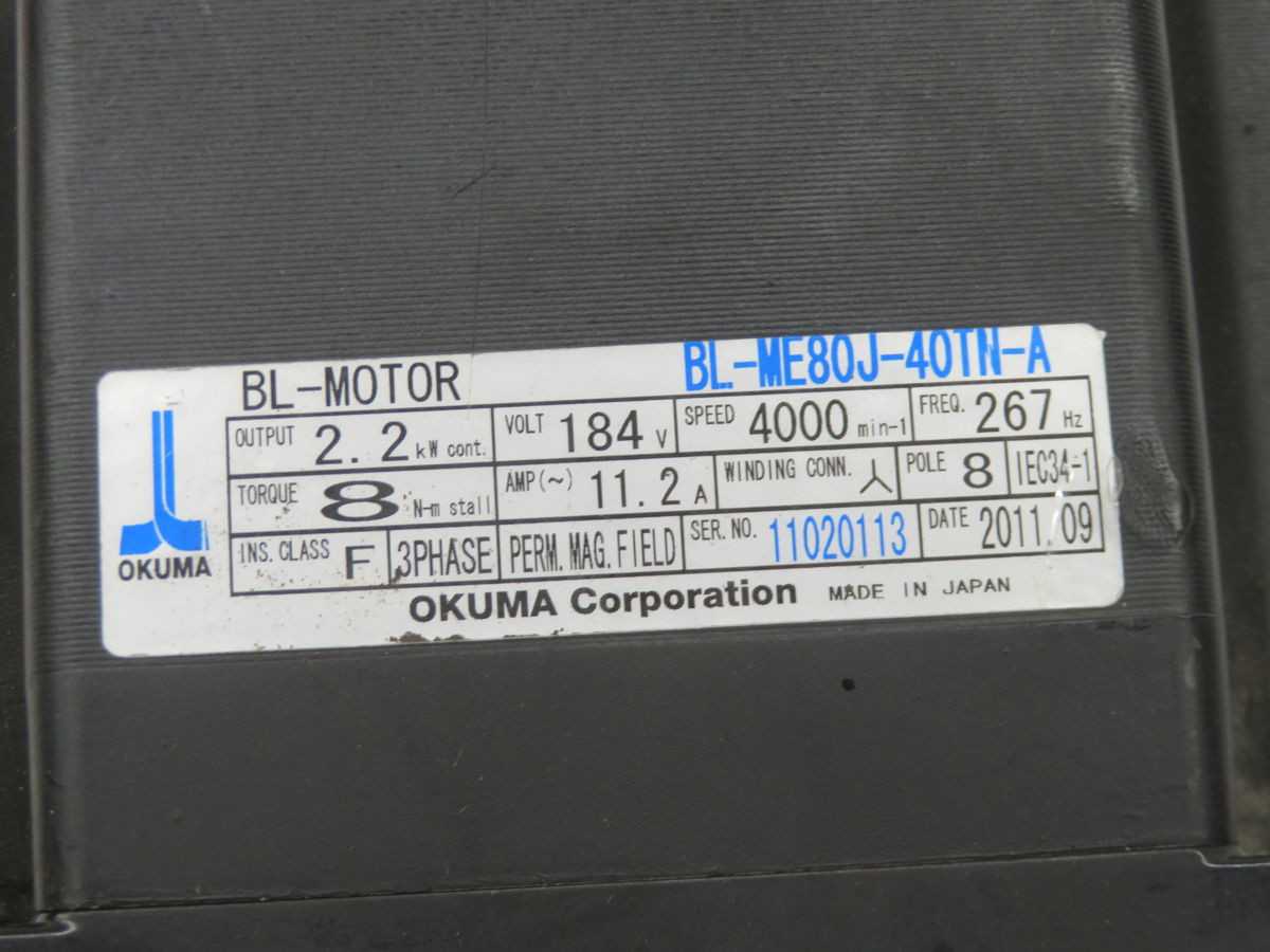 OKUMA BL-ME80J-40TN-A AC MOTOR, 8 POLE, 3 PHASE, 2.2KW OUTPUT, 184V, 11.2A, 4000 RPM, 267 HZ - AC MOTOR