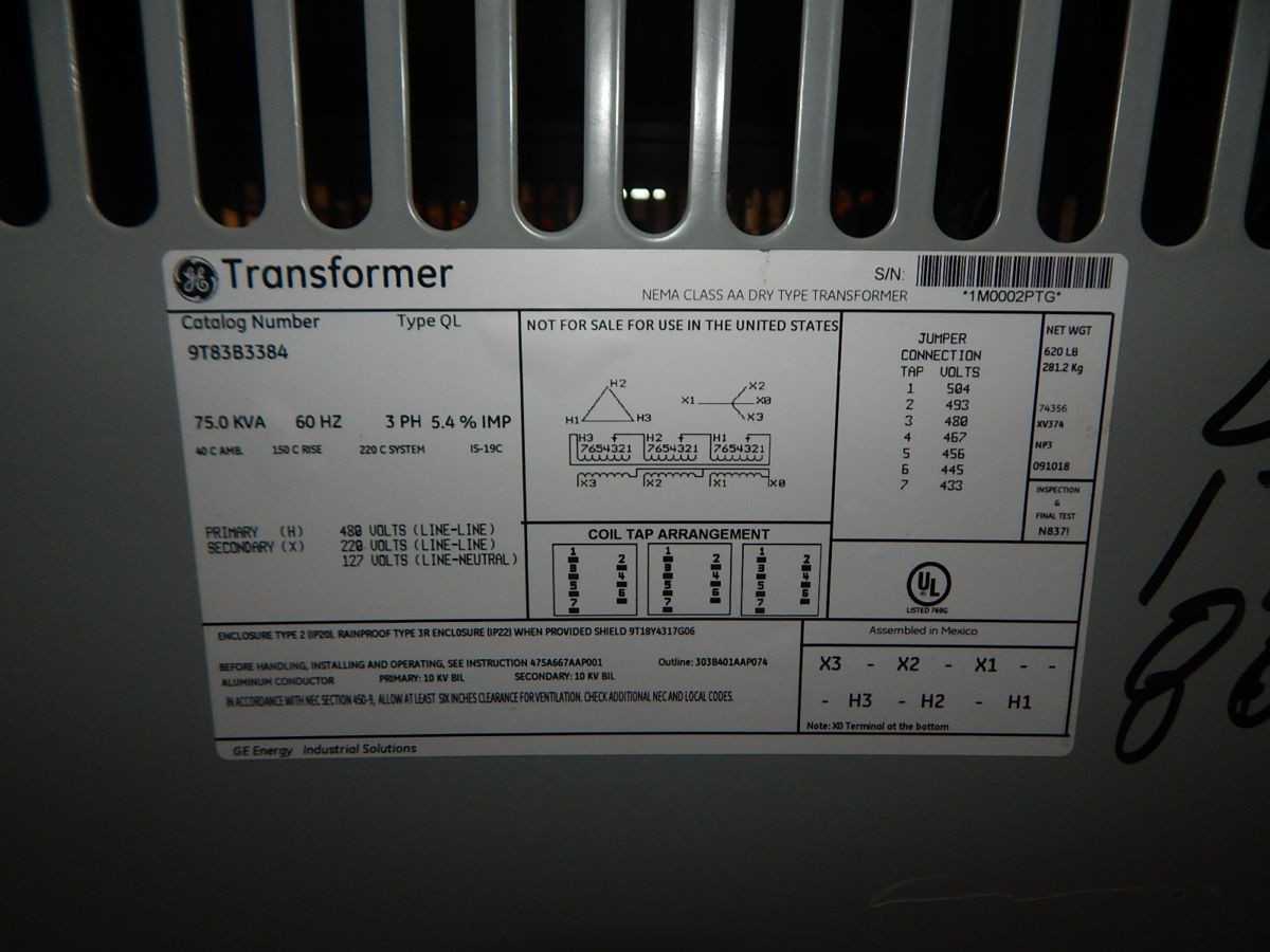 GE 9T83B3384 TRANSFORMER, 75 KVA, 480V PRI, 208Y/120V SEC, 3PH, 60 HZ, 220C INS, 150C RISE - DRY TRANSFORMERS