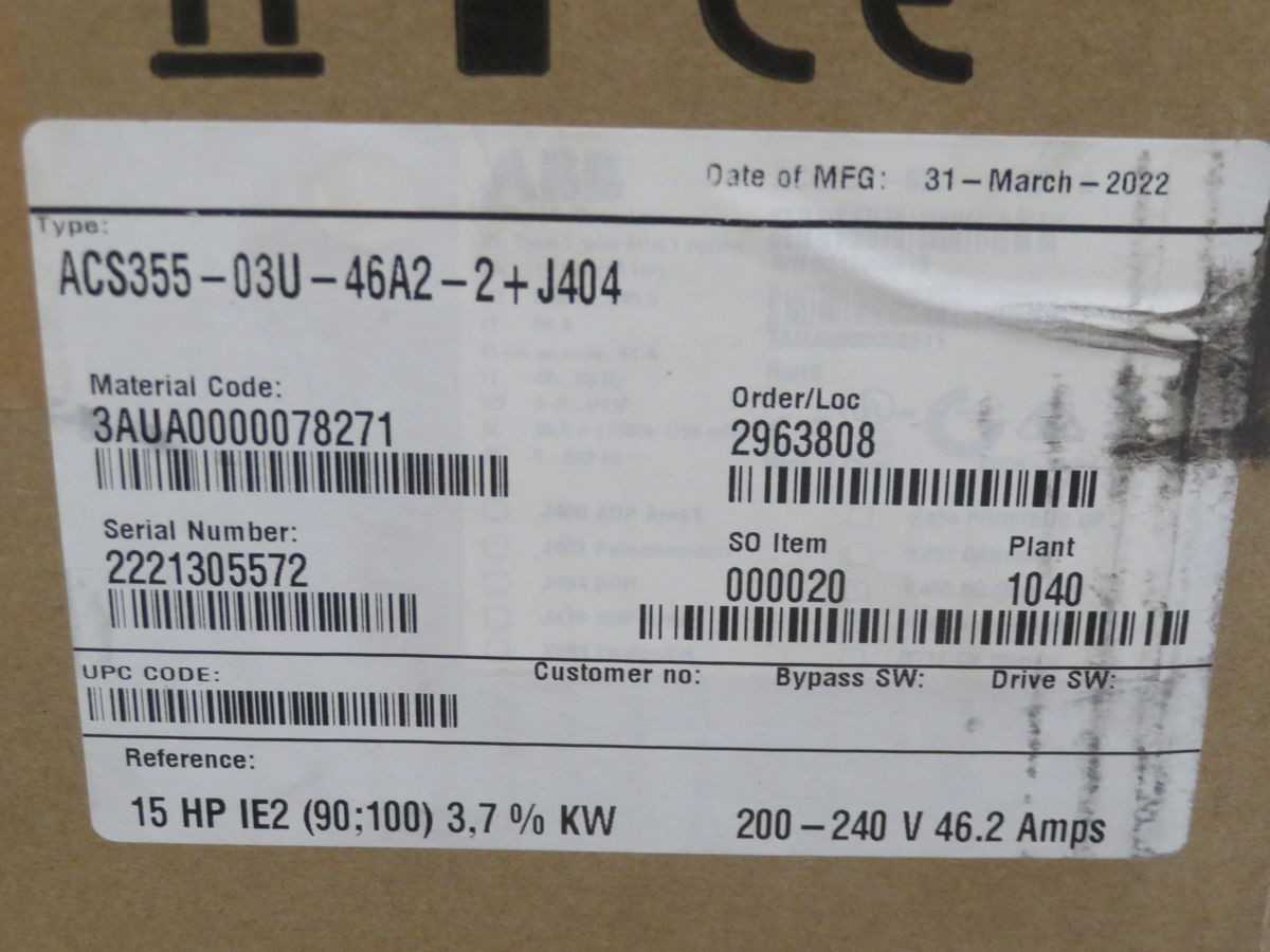 ABB ACS355-03U-46A2-2+J404 OTHER DRIVE, 200-240V AC, 15 HP POWER, 46.2A CURRENT, R4 FRAME, IP20 RATING - AUTOMATION & CONTROLS