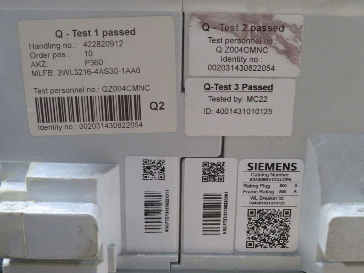 SIEMENS WLS2A316 S2A308NV1CXLCEN CIRCUIT BREAKERS, 3-POLE, 800A CURRENT, 600V AC - CIRCUIT BREAKERS