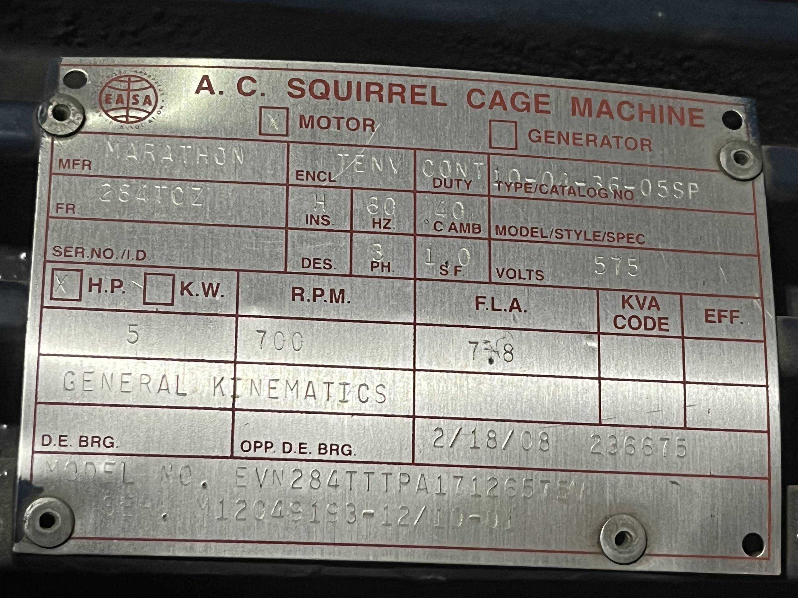 MARATHON EVN284TTTPA171265EV - 700 RPM, 575/3/60, 5HP AC MOTOR - AC MOTOR