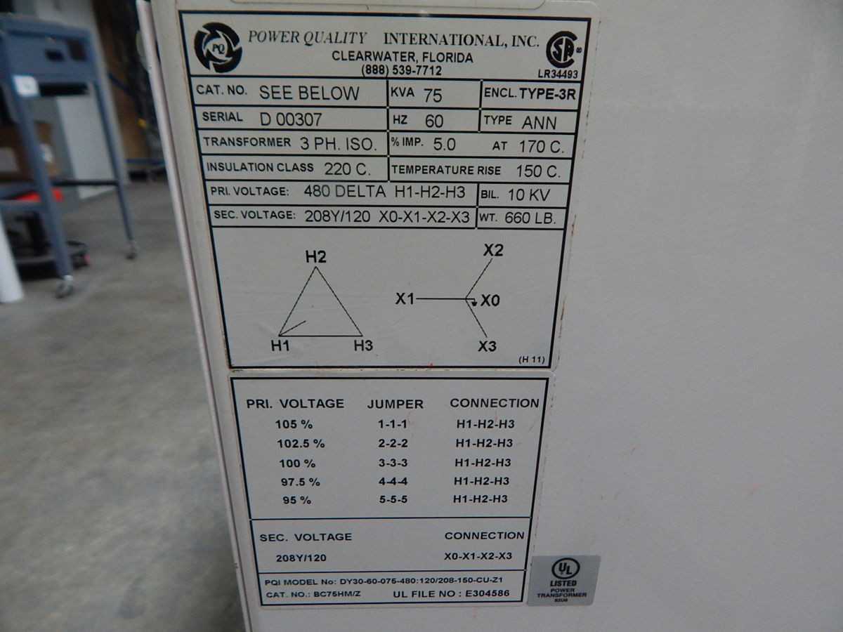 POWER QUALITY INTERNATIONAL DY30-60-075-480:120/208-150-CU-Z1 DIST. TRANSFORMER, 75 KVA, 3PH, 60HZ - DRY TRANSFORMERS