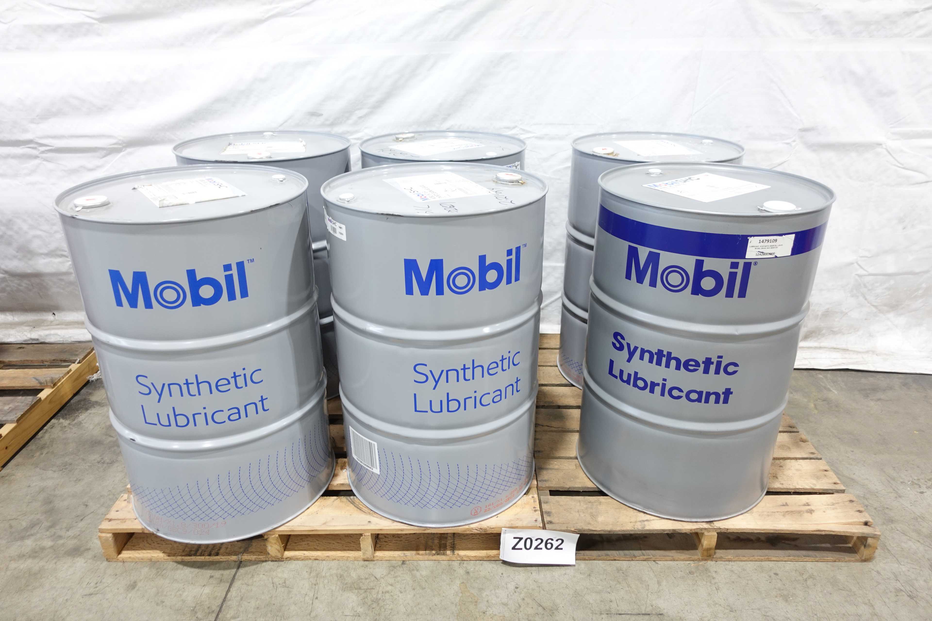 LOT OF 6 DRUMS OF ASSORTED MOBIL SHC SYNTHETIC GEAR OIL - MISCELLANEOUS