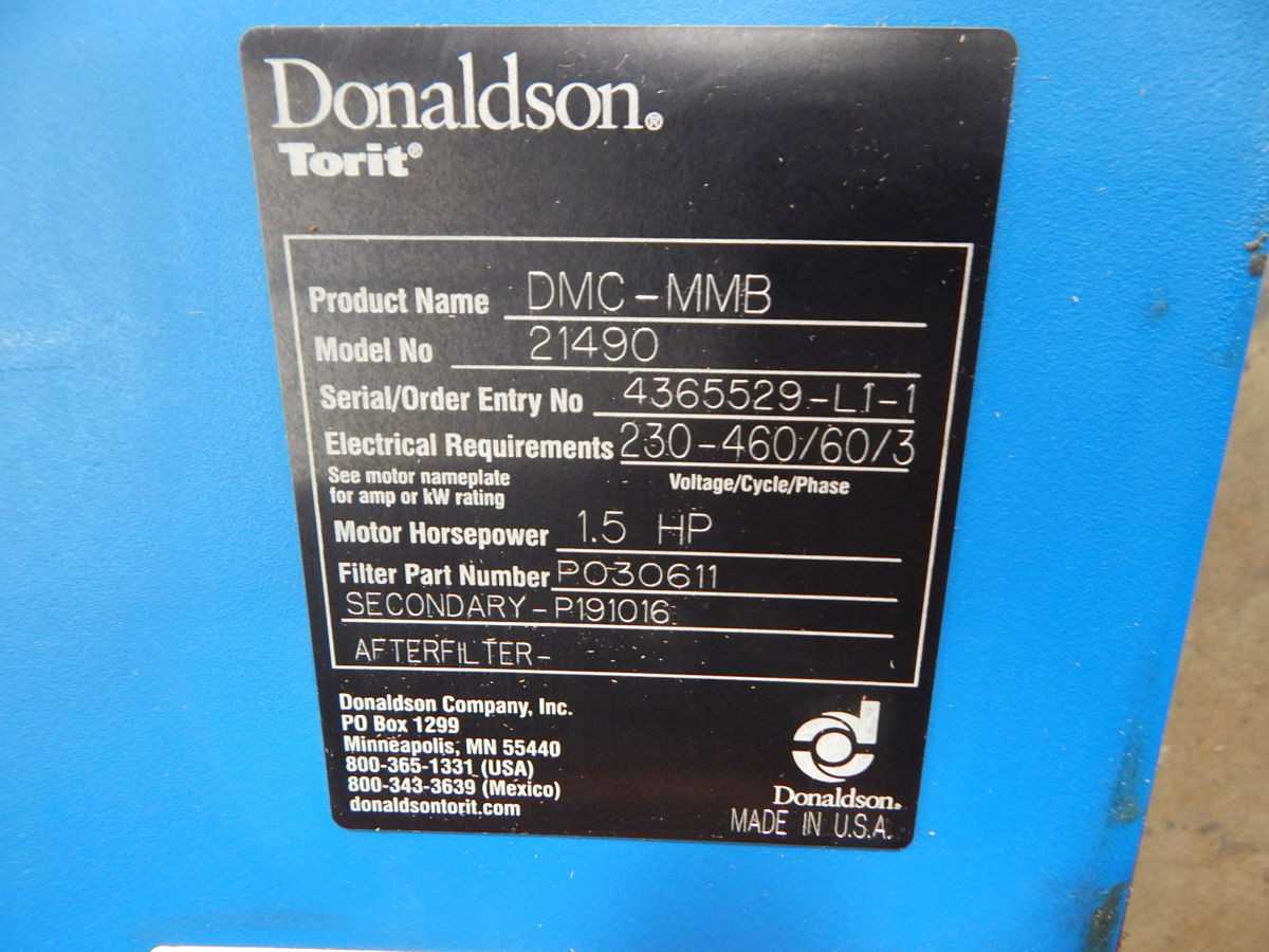 DONALDSON 21490 PNEUMATIC FILTER, 480V 3PH POWER, 1500 CFM AIRFLOW, 3 HP MOTOR - DUST COLLECTOR
