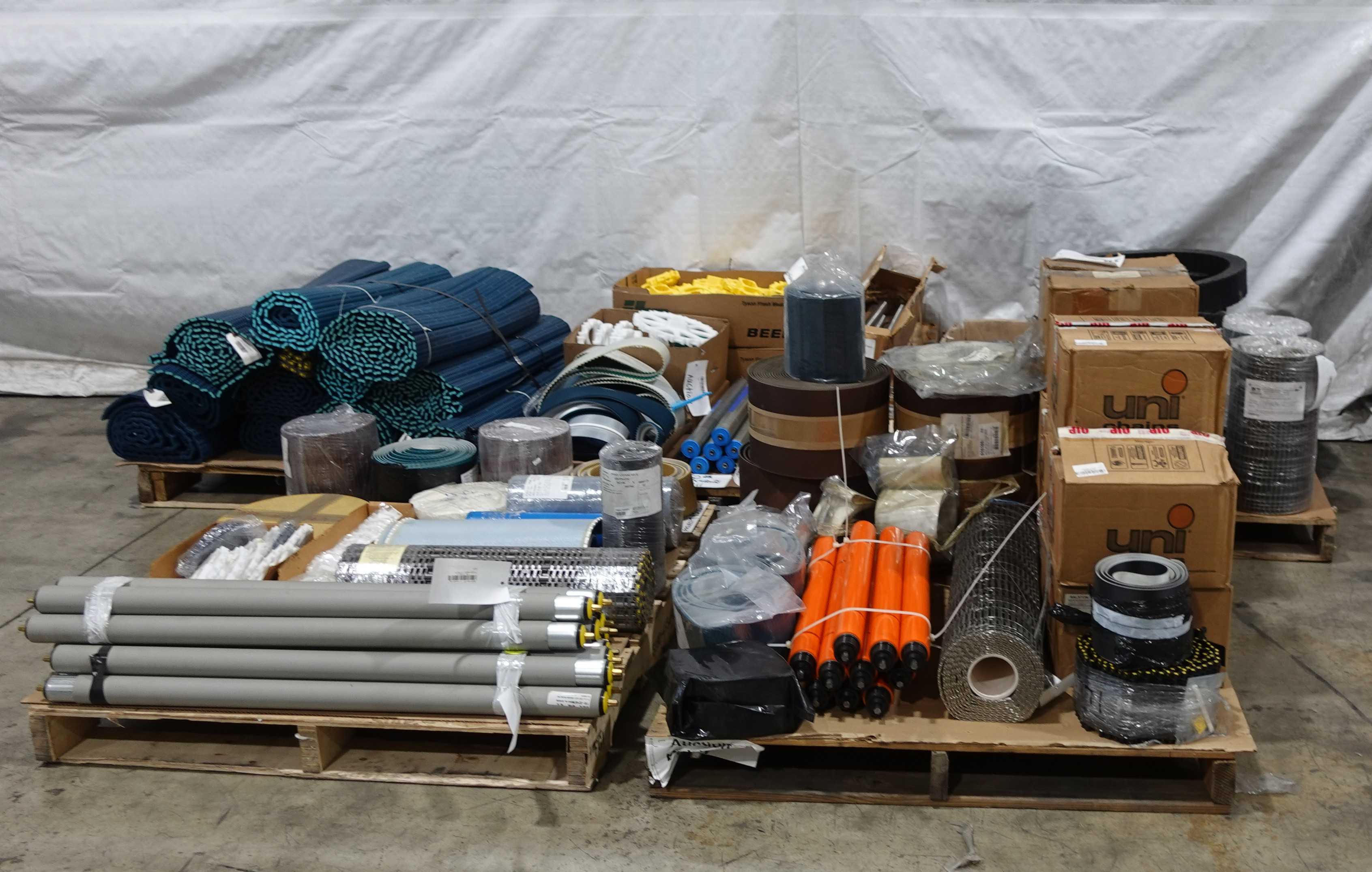 5 PALLETS OF ASSORTED CONVEYOR BELTS, PARTS, AND ACCESSORIES - CONVEYOR PARTS