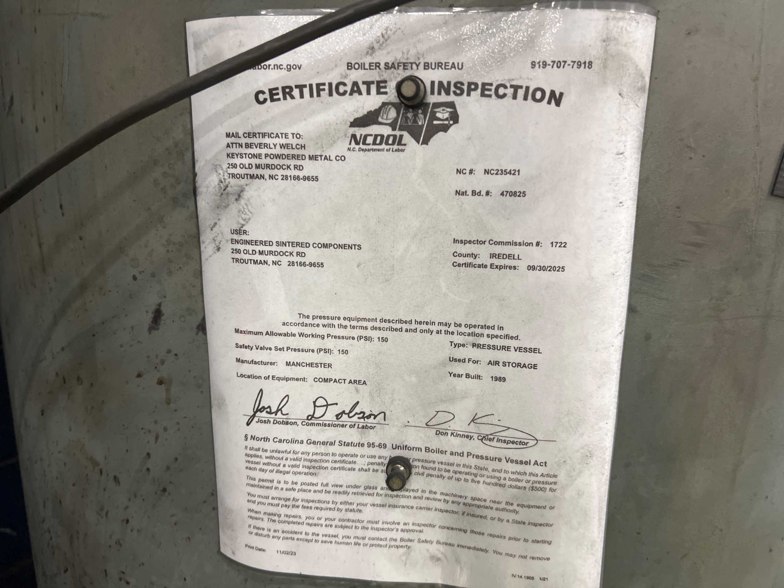 1989 MANCHESTER PRESSURE VESSEL COMPRESSED AIR HOLDING TANK - COMPRESSED AIR HOLDING TANK