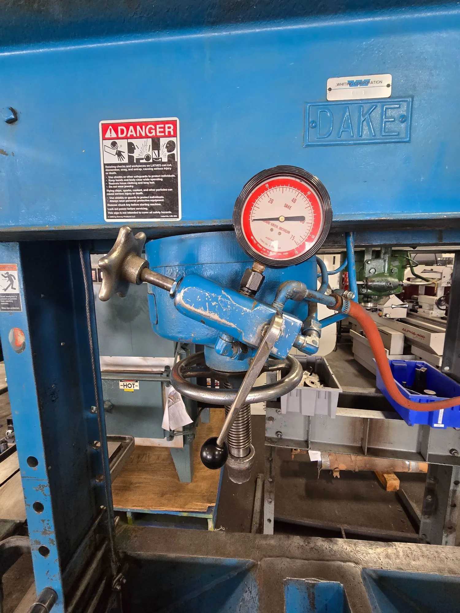 DAKE 906475 75 TON AIR HYDRAULIC H-FRAME PRESS W/ RAILS & SPECIAL DESIGN TABLE - HYDRAULIC PRESSES
