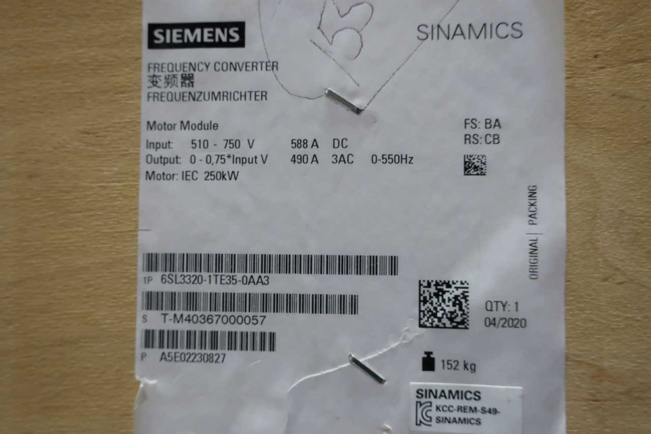 SIEMENS 6SL3320-1TE35-0AA3 SIMATICS S120 FREQUENCY CONVERTER AC VFD DRIVE - AC VFD DRIVES