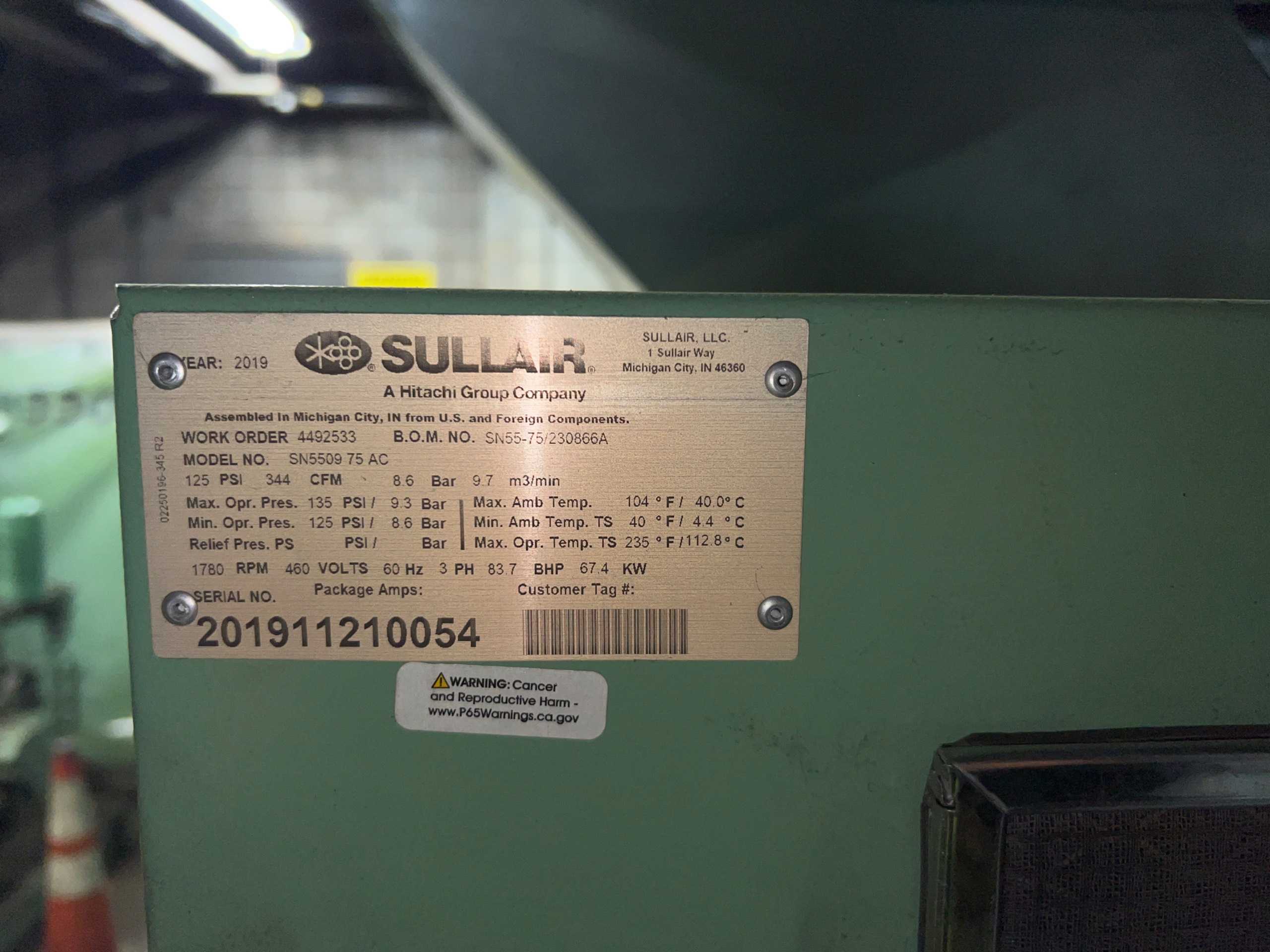 2019 SULLAIR SN5509 75 AC STATIONARY AIR COMPRESSOR - STATIONARY AIR COMPRESSOR
