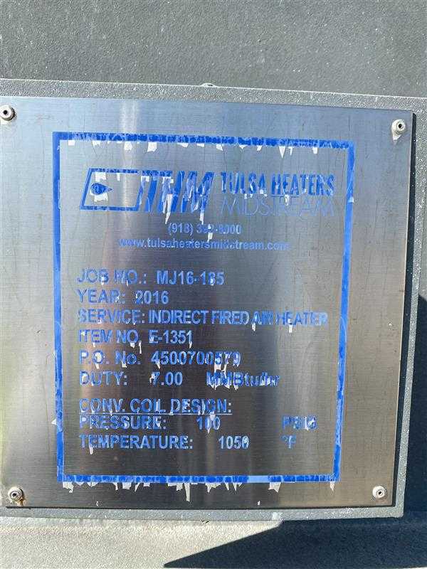 2016 TULSA HEATERS MIDSTREAM MJ16-185 INDIRECT FIRED AIR HEATER - UNIT HEATER