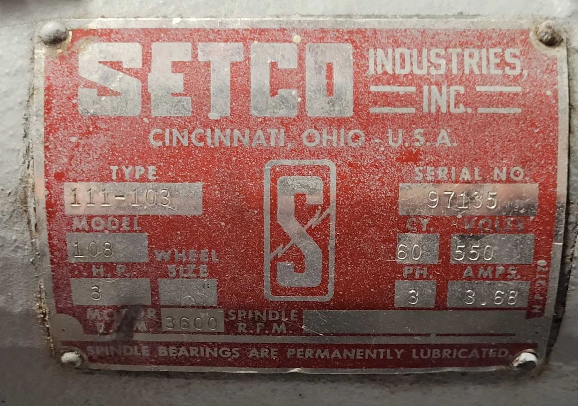 SETCO LATHE TOOL POST BELT SANDER, MODEL 108, 3 HP, 3600 RPM - GRINDING MACHINES
