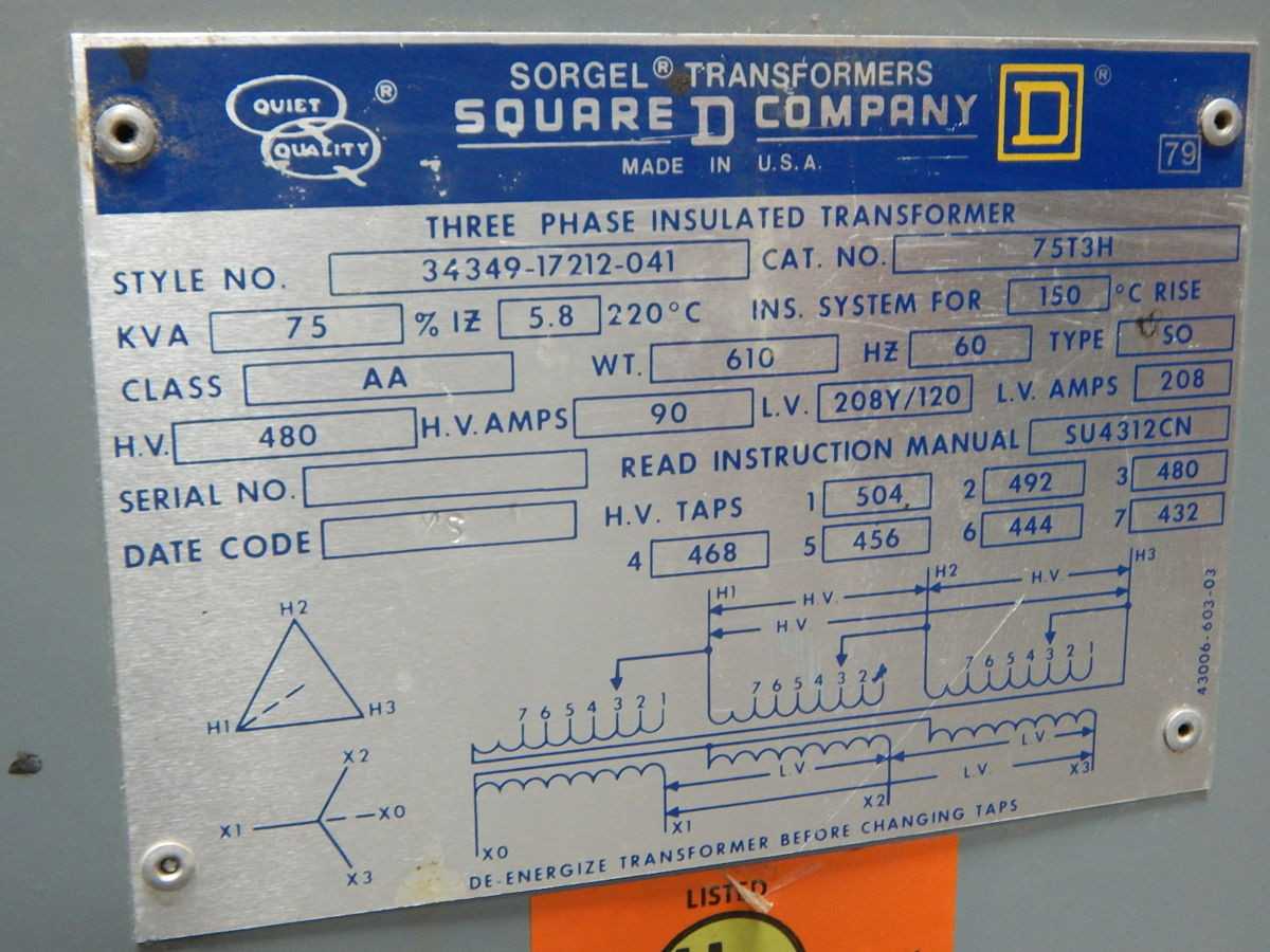 SQUARE D 75T3H, TRANSFORMERS, 75 KVA, 3-PHASE, 480V PRI, 208Y/120V SEC, AL WDG, NEMA 2 - DRY TRANSFORMERS
