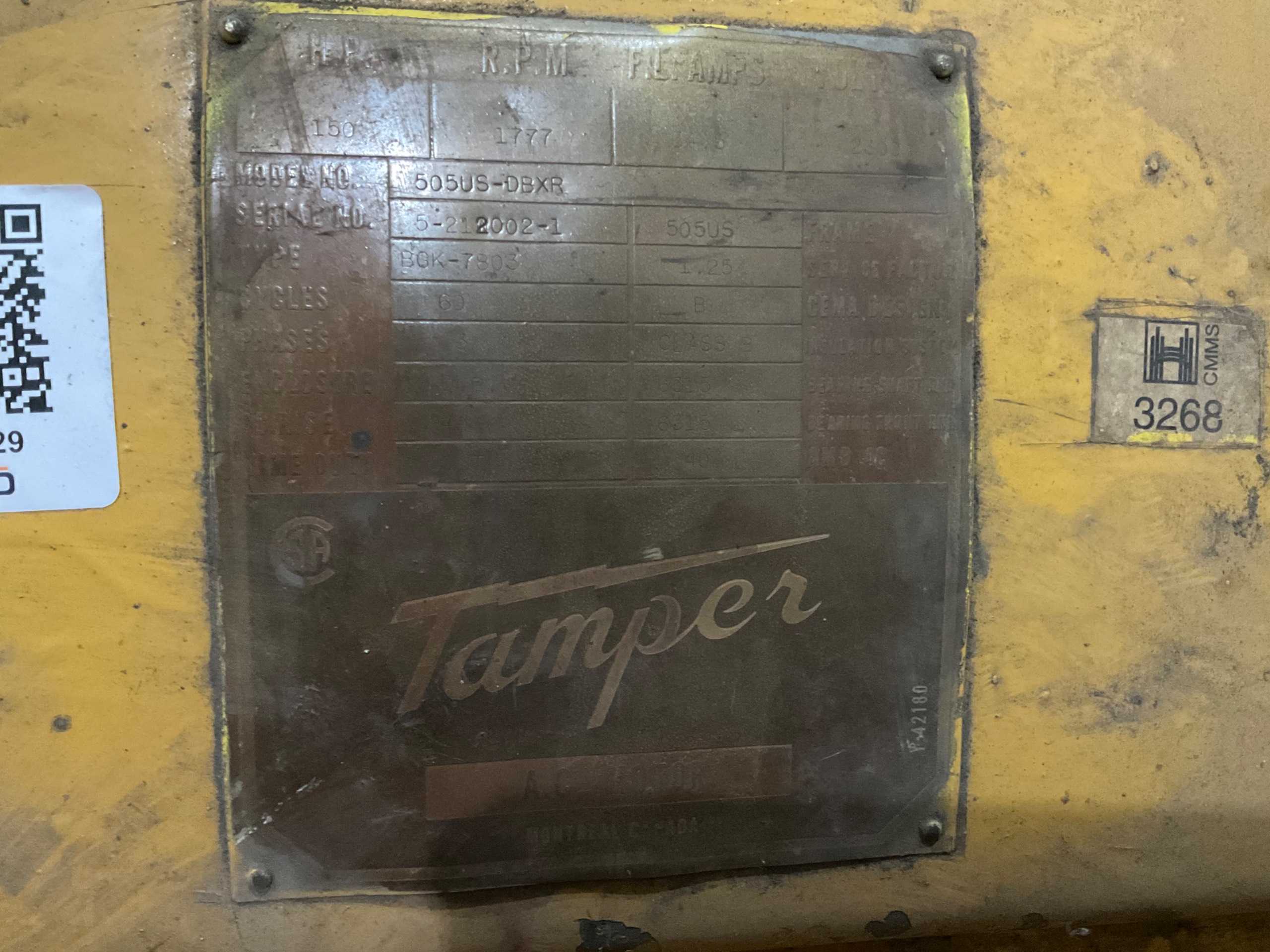 2002 Tamper 505US-Dxkr Electric Motor, 150 HP, 1777 RPM, 3-Phase, 6315/6313 Bearings - ELECTRIC MOTORS