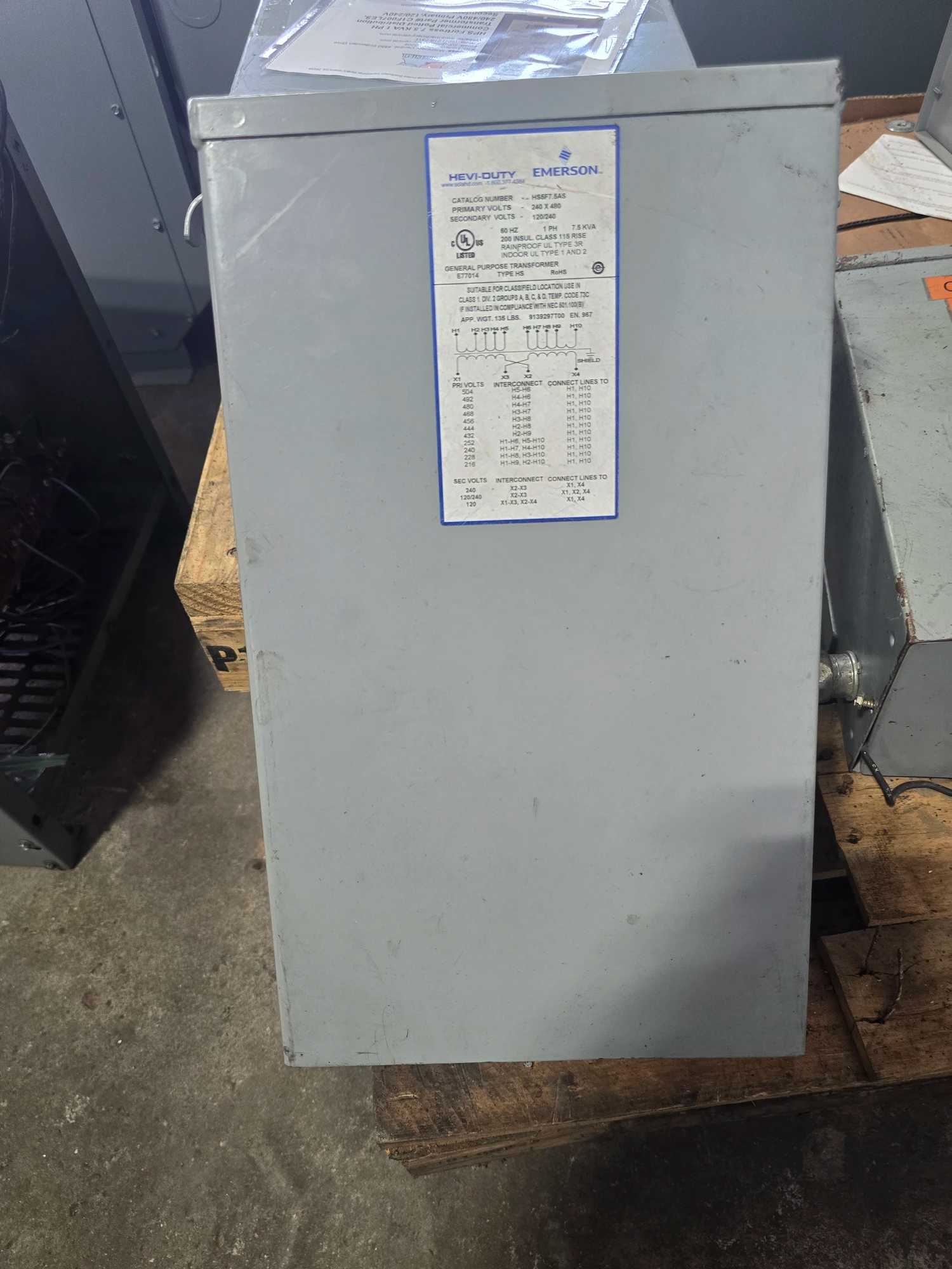 SOLA-HD EMERSON HS5F7.5AS 7.5KVA TRANSFORMER, 240/480V PRIMARY, NEMA 3R ENCLOSURE - MACHINE TOOLING