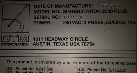 2000 DTM SINTERSTATION 2500 PLUS 3D PRINTER SYSTEM - 3D PRINTER