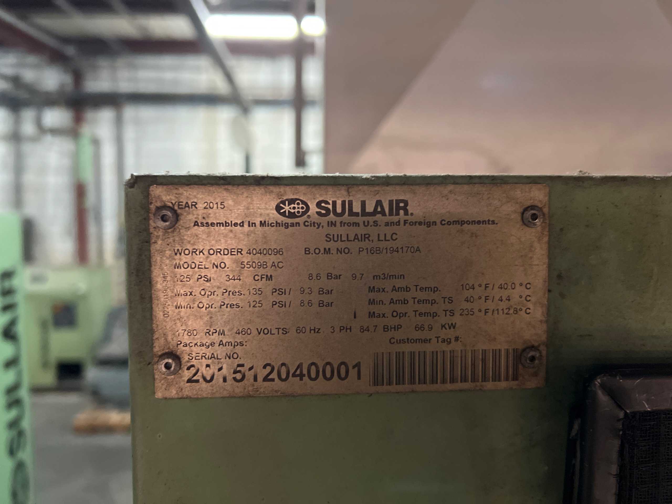 2015 SULLAIR 5509B AC STATIONARY AIR COMPRESSOR - STATIONARY AIR COMPRESSOR