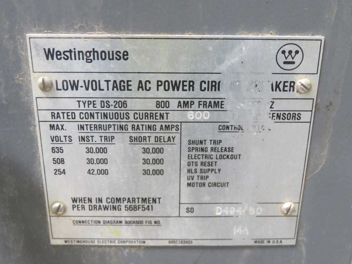 Westinghouse DS-206 Circuit Breaker, 800 A Current, 600 V AC Voltage, 3 Pole, 35 KA Interrupting Capacity @ 600 V AC - CIRCUIT BREAKERS