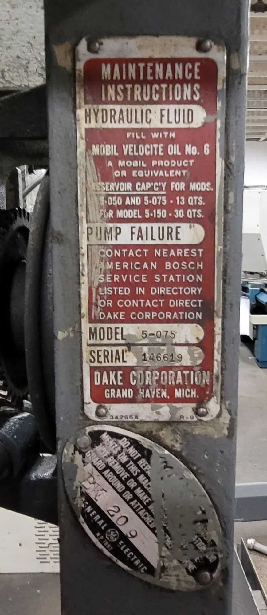DAKE 5-075 ELEC-DRAULIC I H-FRAME PRESS, 75-TON, 2 HP, 10" RAM TRAVEL, 44" BETWEEN UPRIGHTS - HYDRAULIC PRESSES