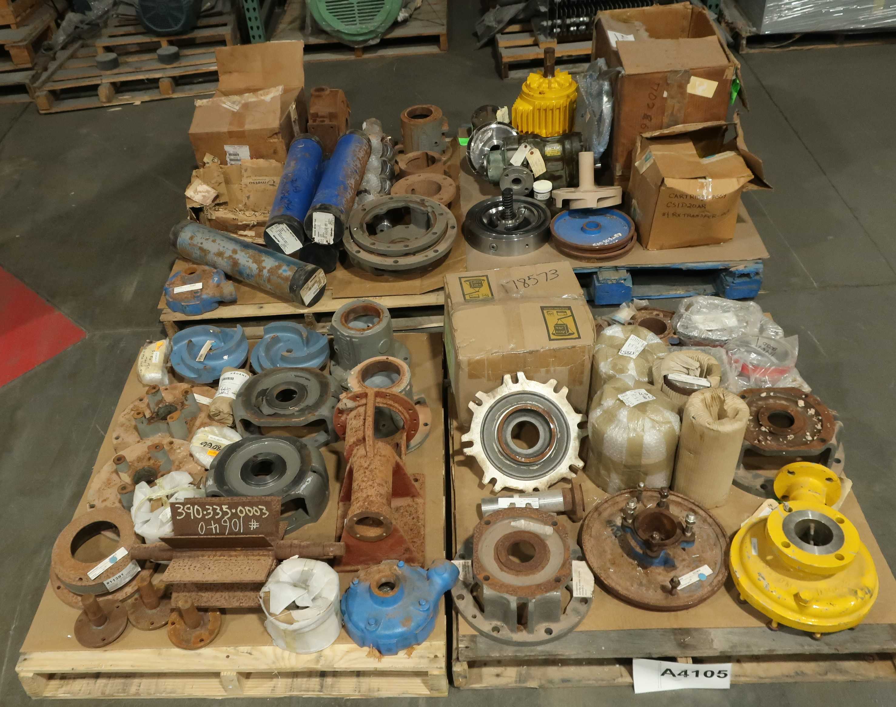 4 PALLETS OF ASSORTED PUMP REPLACEMENT PARTS, CASTINGS, RINGS, PEPELLERS - PUMP REPLACEMENT PARTS