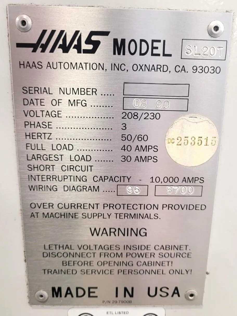 1999 HAAS SL-20T CNC LATHE, 8-INCH CHUCK, 10.3-IN DIAMETER, 20-IN LENGTH, 20 HP, 4000 RPM - CNC LATHES
