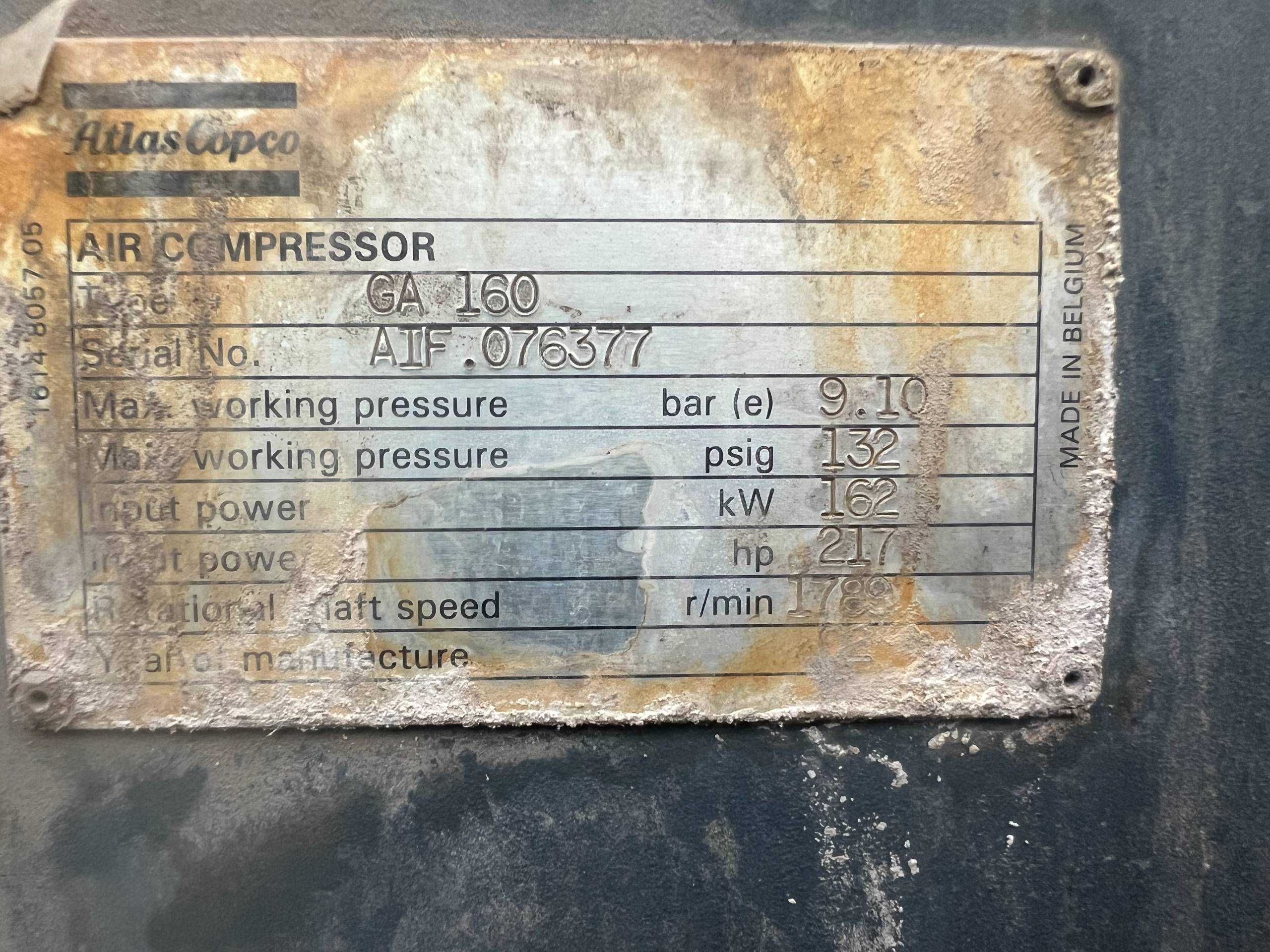 2003 ATLAS COPCO GA160 STATIONARY AIR COMPRESSOR - STATIONARY AIR COMPRESSOR