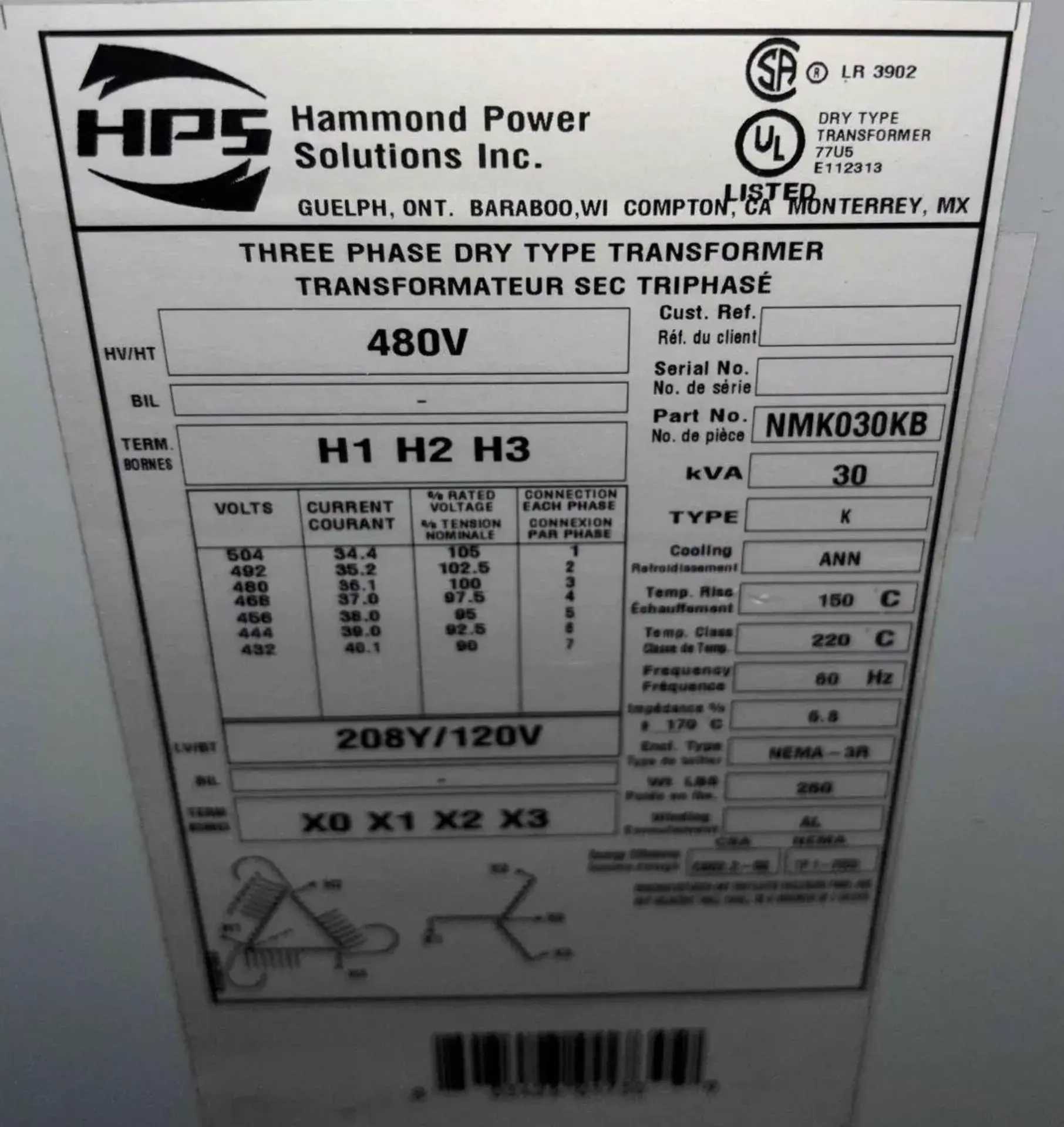 HAMMOND POWER SOLUTIONS NMK030KB TRANSFORMER, 30 KVA, 3-PHASE, 480V/208Y, NEMA 3R, 60 HZ - DRY TRANSFORMERS