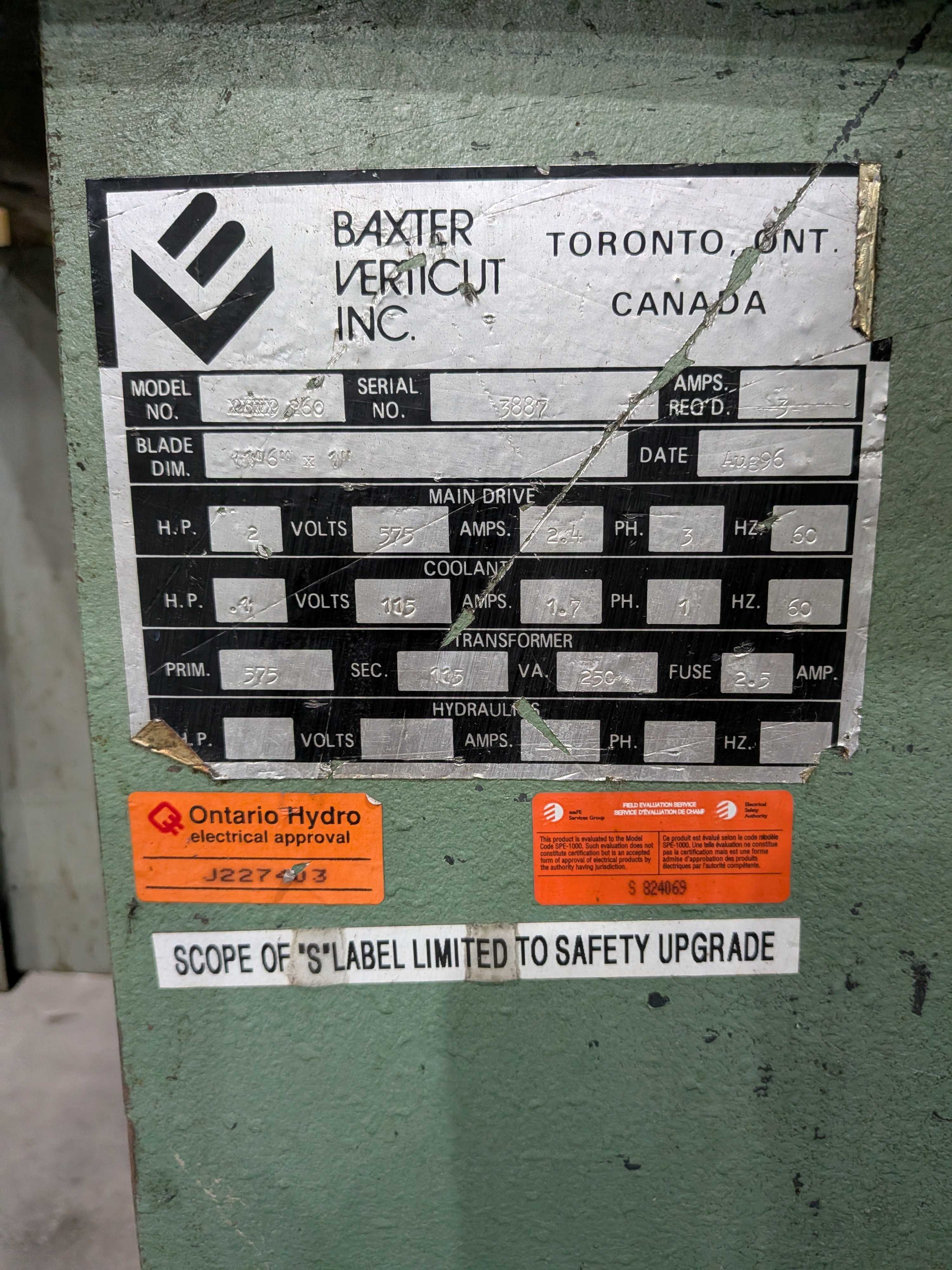 1996 BAXTER VERTICUT 360 HORIZONTAL BANDSAW, 14X19IN, 2HP, 5-SPEED, SEMI-AUTO, 3000LB LOAD - HORIZONTAL BAND SAWS