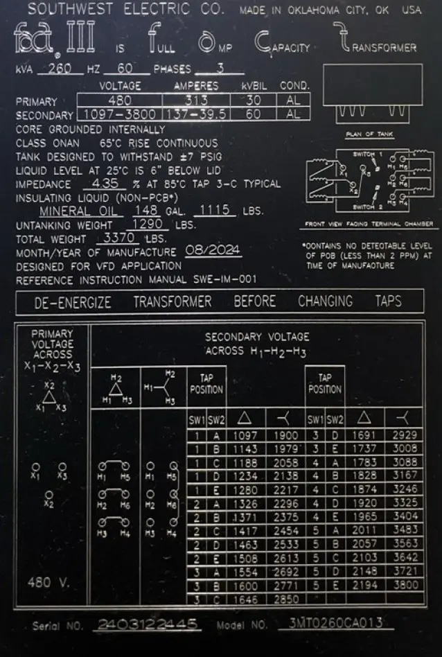 2024 SOUTHWEST ELECTRIC COMPANY SE-260KVA-FACT-III TRANSFORMER - undefined