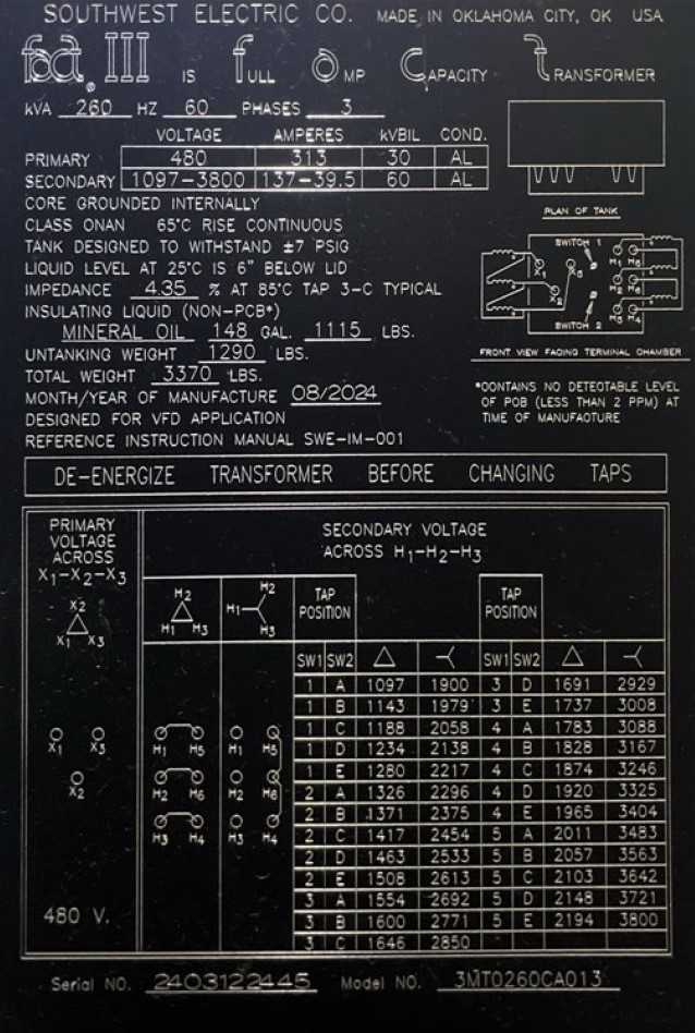 2024 SOUTHWEST ELECTRIC COMPANY SE-260KVA-FACT-III TRANSFORMER - POWER TRANSFORMERS